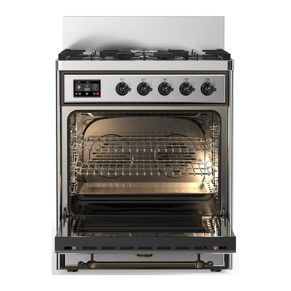 Stainless steel ILVE dual fuel range with open electric oven door and racks inside
