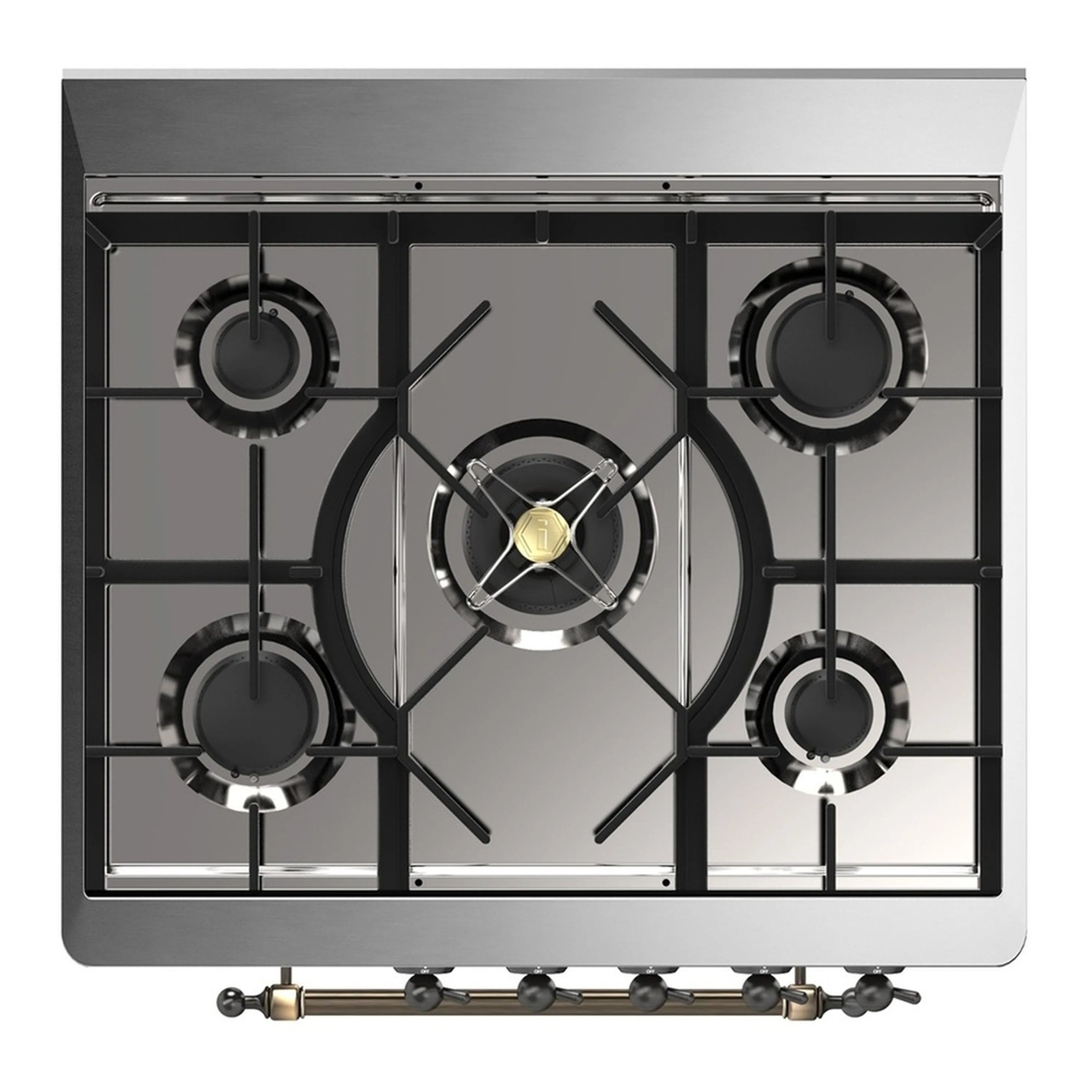 ILVE dual fuel range cooktop with five black gas grates and brass burner knobs