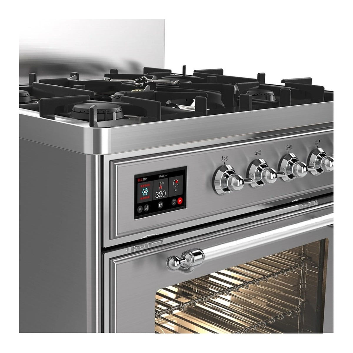 Stainless control panel with knobs and digital display above open oven door window