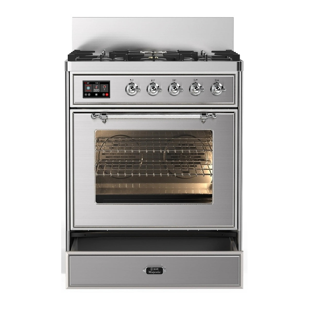 Stainless dual fuel range with closed oven window, triple-glass door, 5 burners