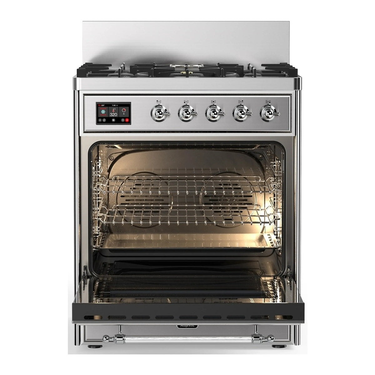 Stainless steel electric oven with interior racks visible through open triple glass door