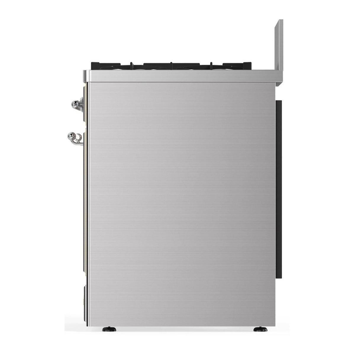 Stainless steel range side view with control knobs and rear venting details