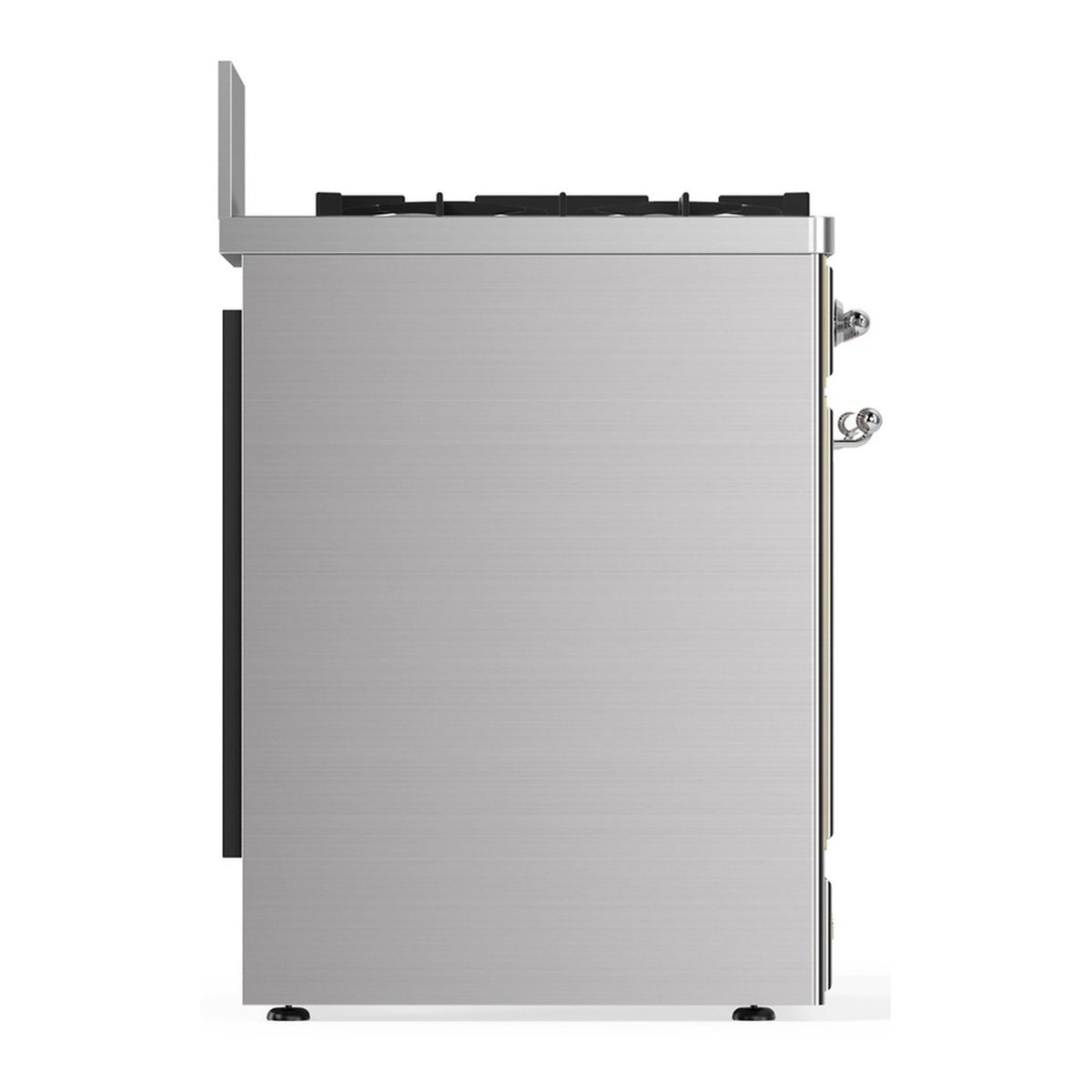 Stainless range side panel with rear hardware and leveling feet, side view