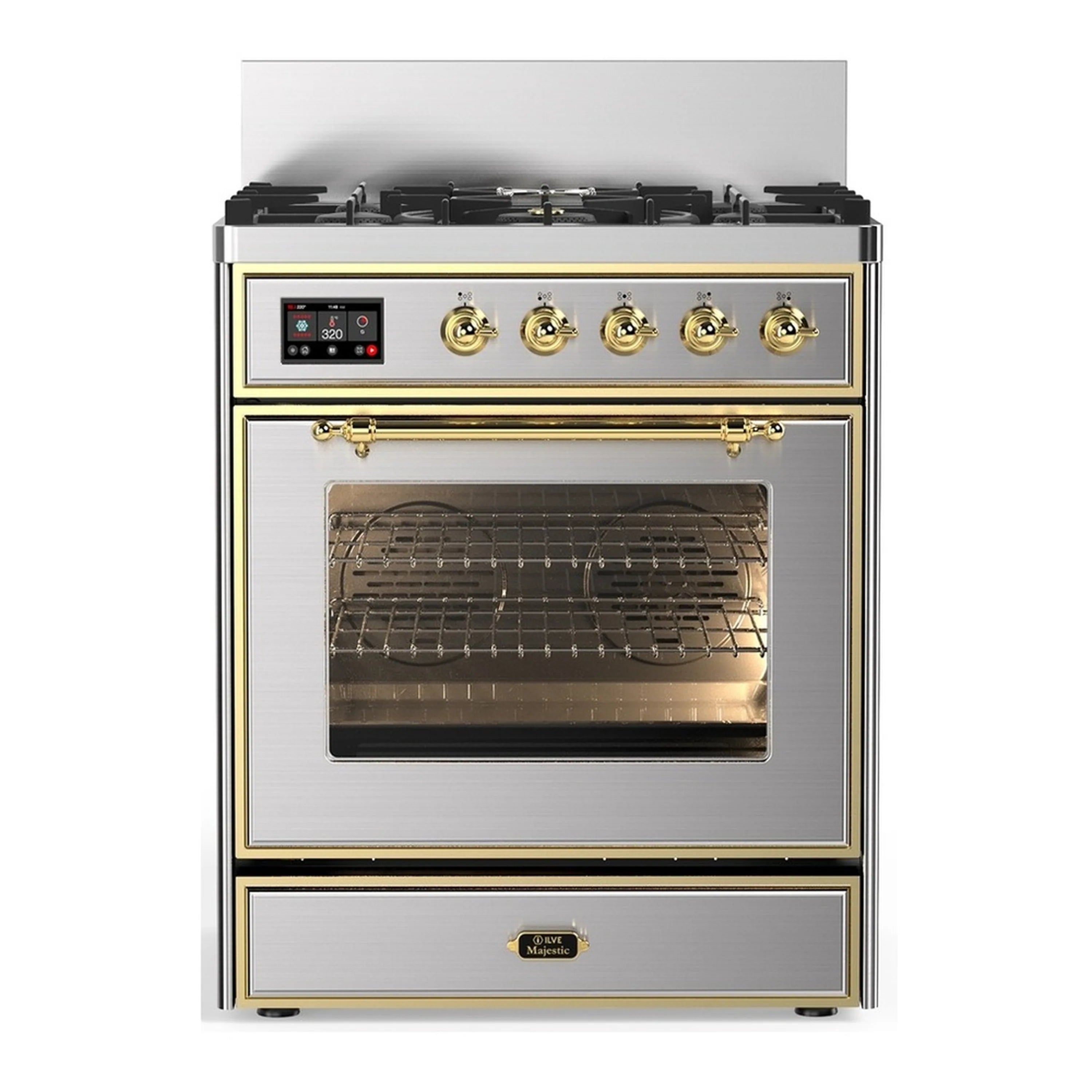 Stainless steel dual fuel range with brass trim and closed triple-glass oven door