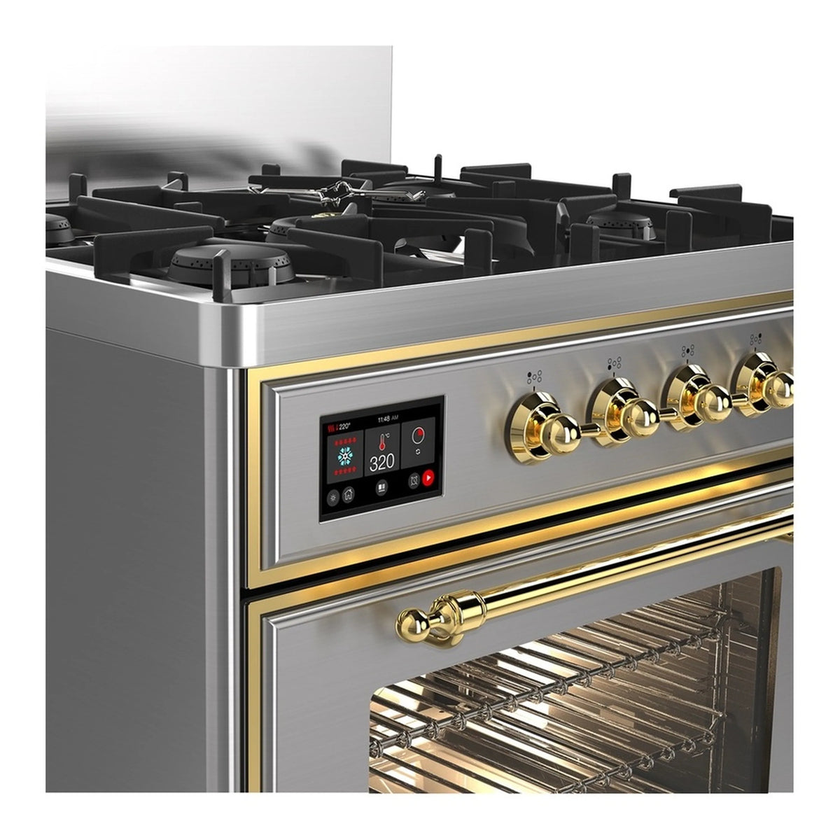 Dual fuel range control panel and brass knobs above gas burners on stainless cooktop