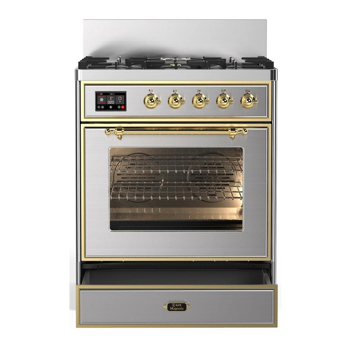 Stainless dual fuel range with brass trim, oven window, and control panel