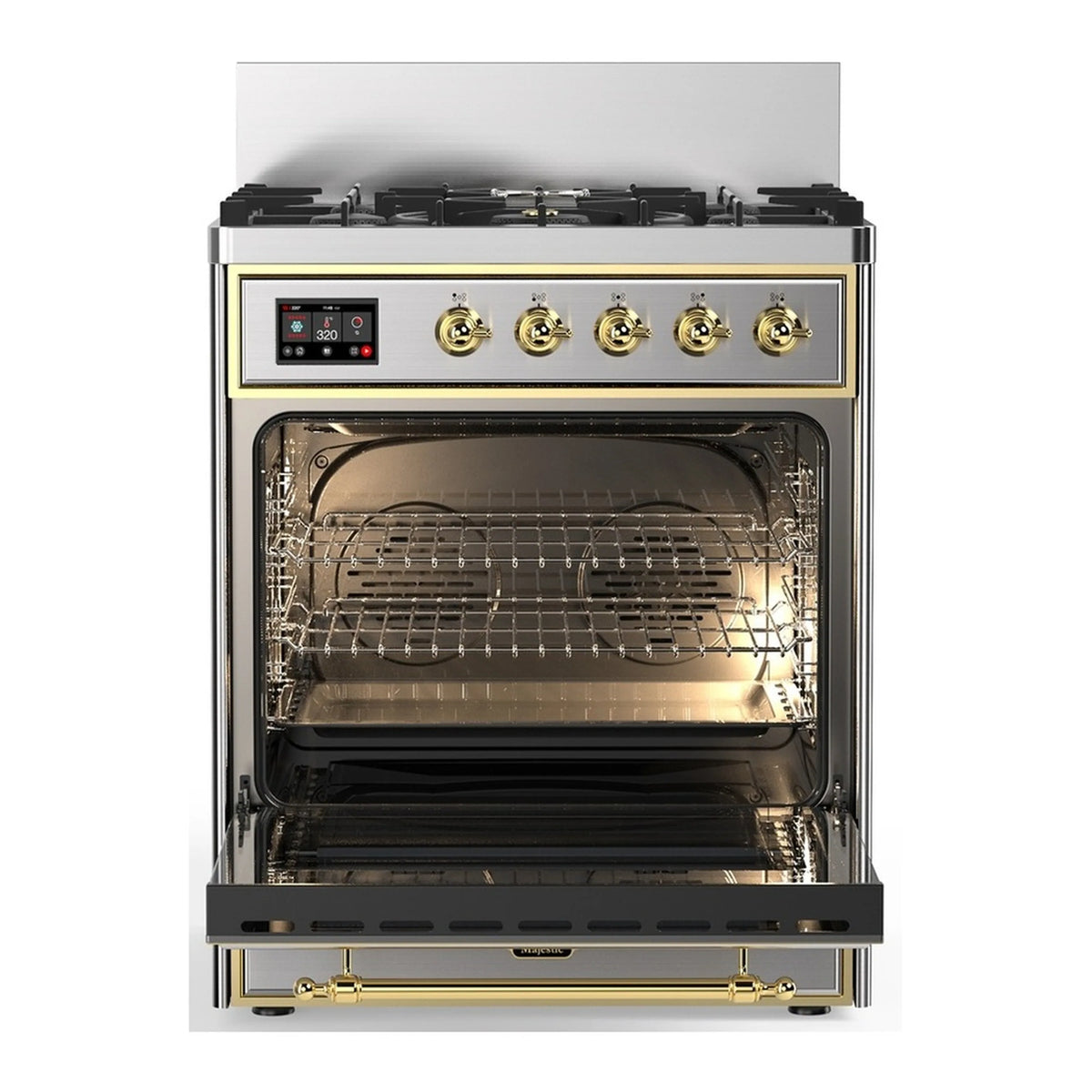 Stainless dual fuel range with brass-trimmed open oven door and wire racks inside