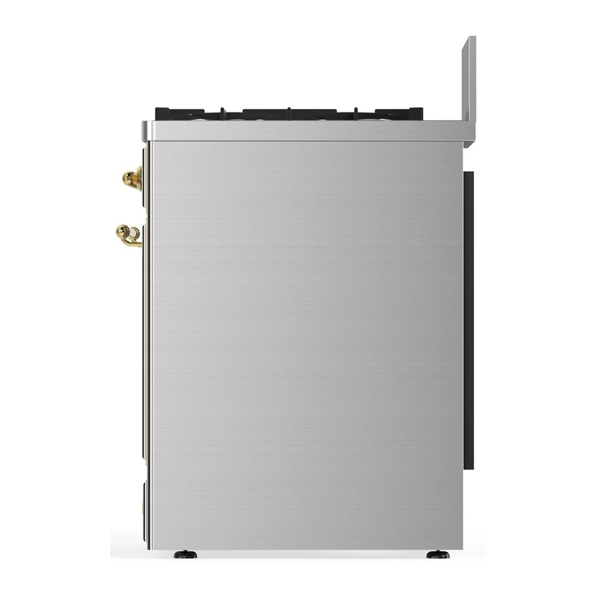 Brushed stainless steel side panel with brass hardware on dual fuel range