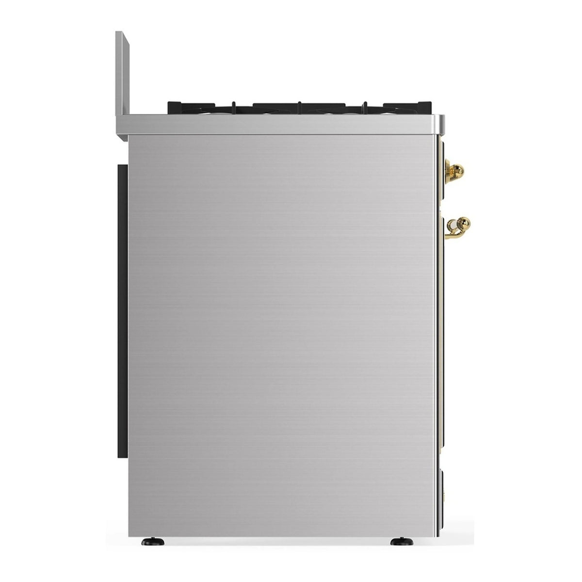 Stainless steel range side panel with brass hinges and adjustable feet