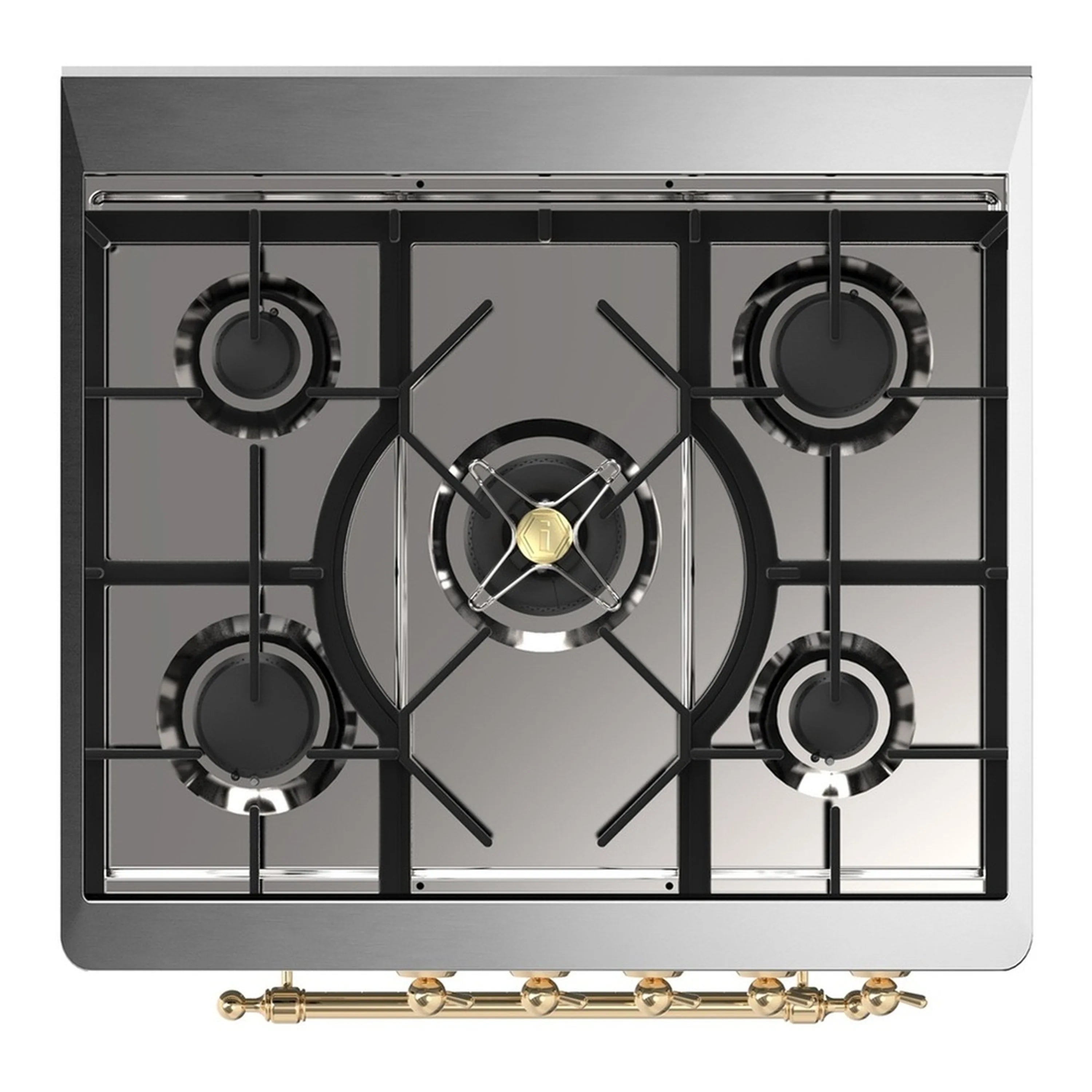 Stainless steel cooktop with four gas burners and center grate on dual fuel range