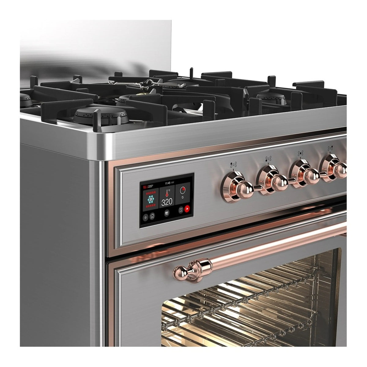 Stainless steel range cooktop with copper control knobs and visible oven interior