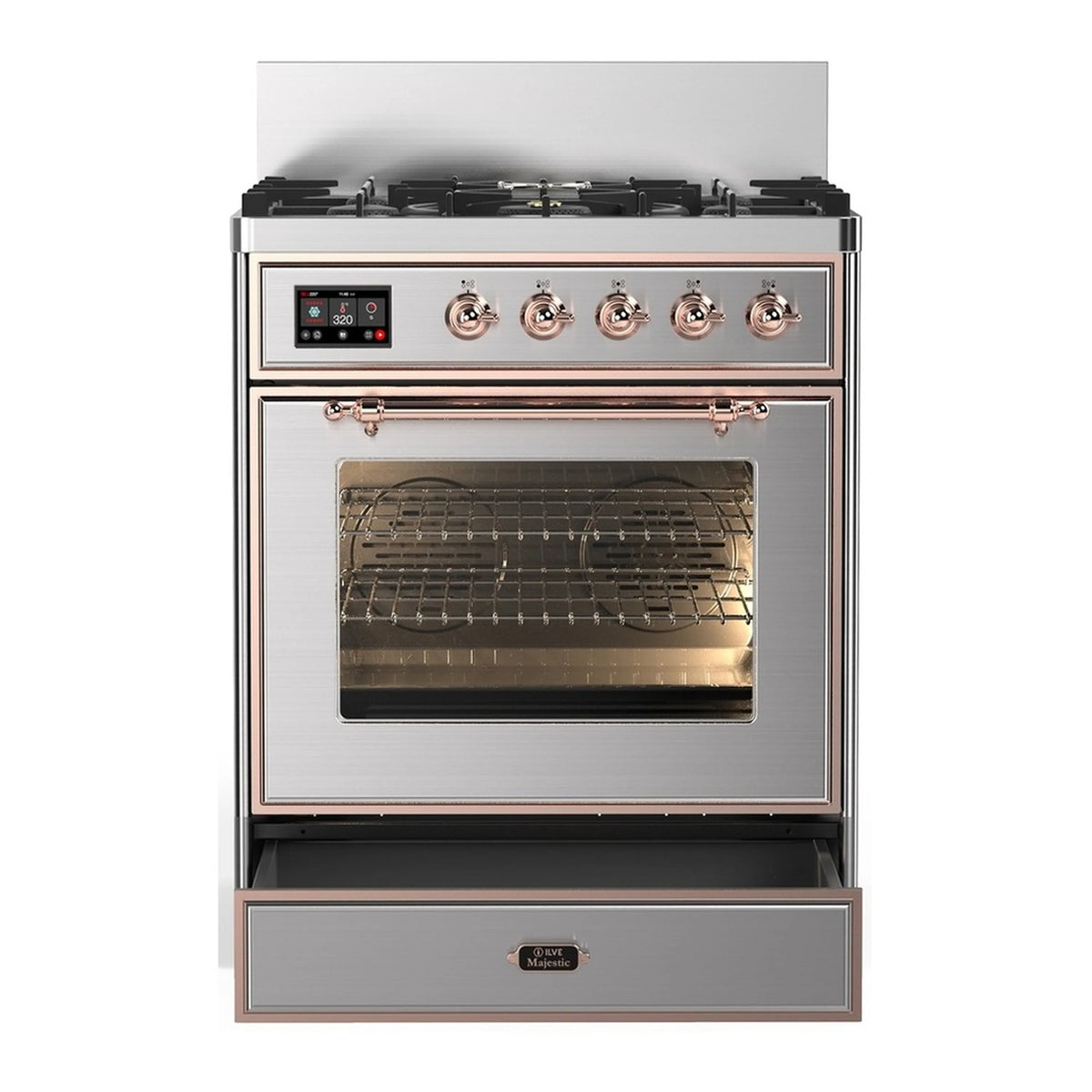 Stainless steel dual fuel range with copper trim, oven window and front control panel