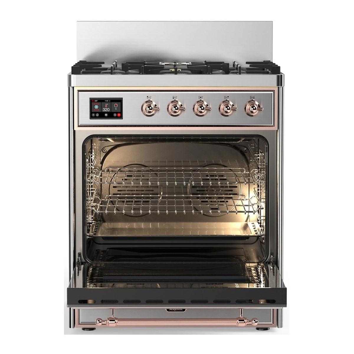 Stainless steel dual fuel range with copper trim, open oven door showing racks
