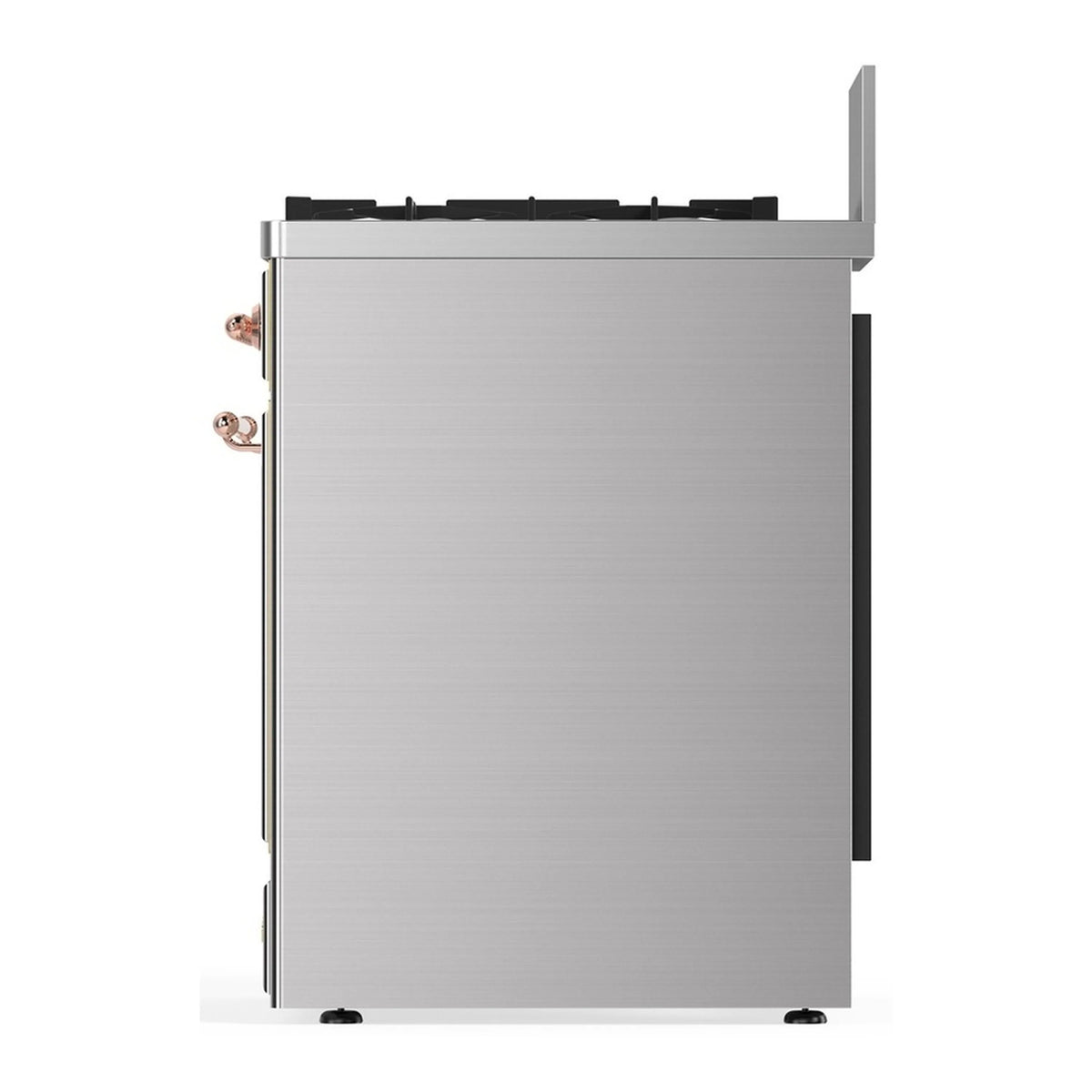 Stainless steel range side panel with copper-trim hinges and cooktop control hardware