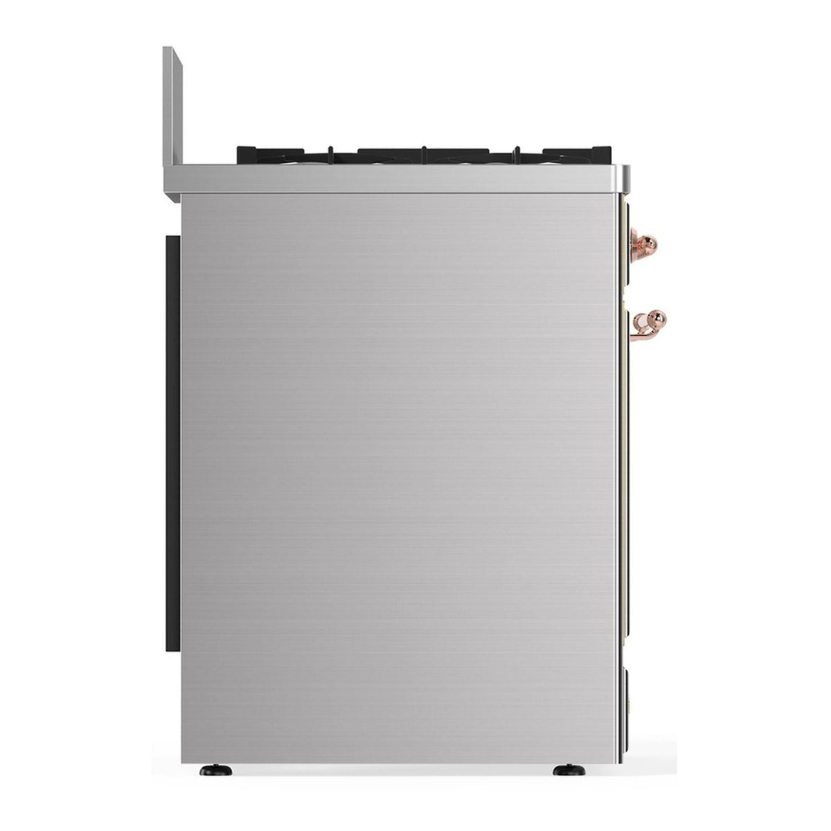 Stainless steel dual fuel range rear side view with copper trim details