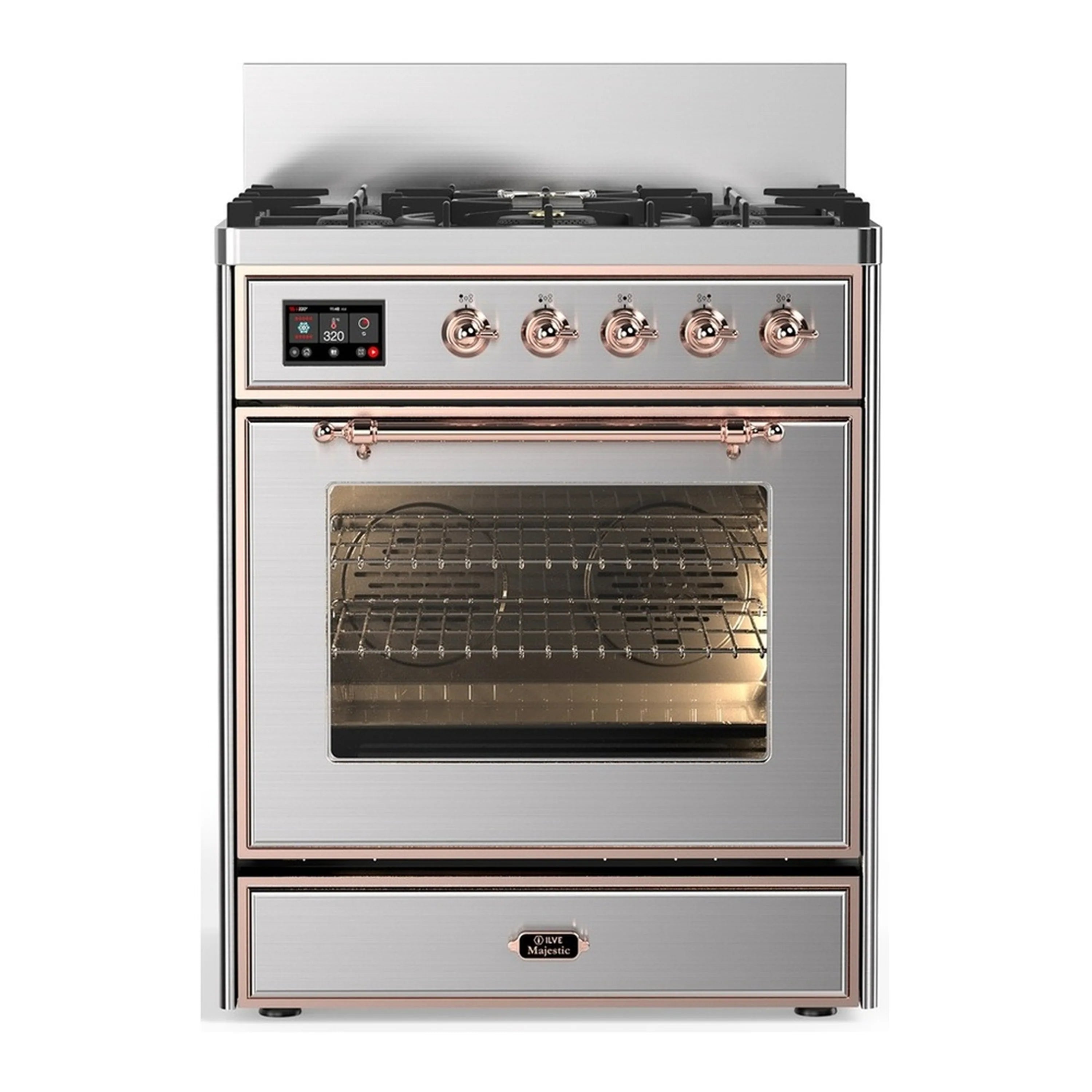 Stainless steel dual fuel range with copper trim, closed oven door and control panel