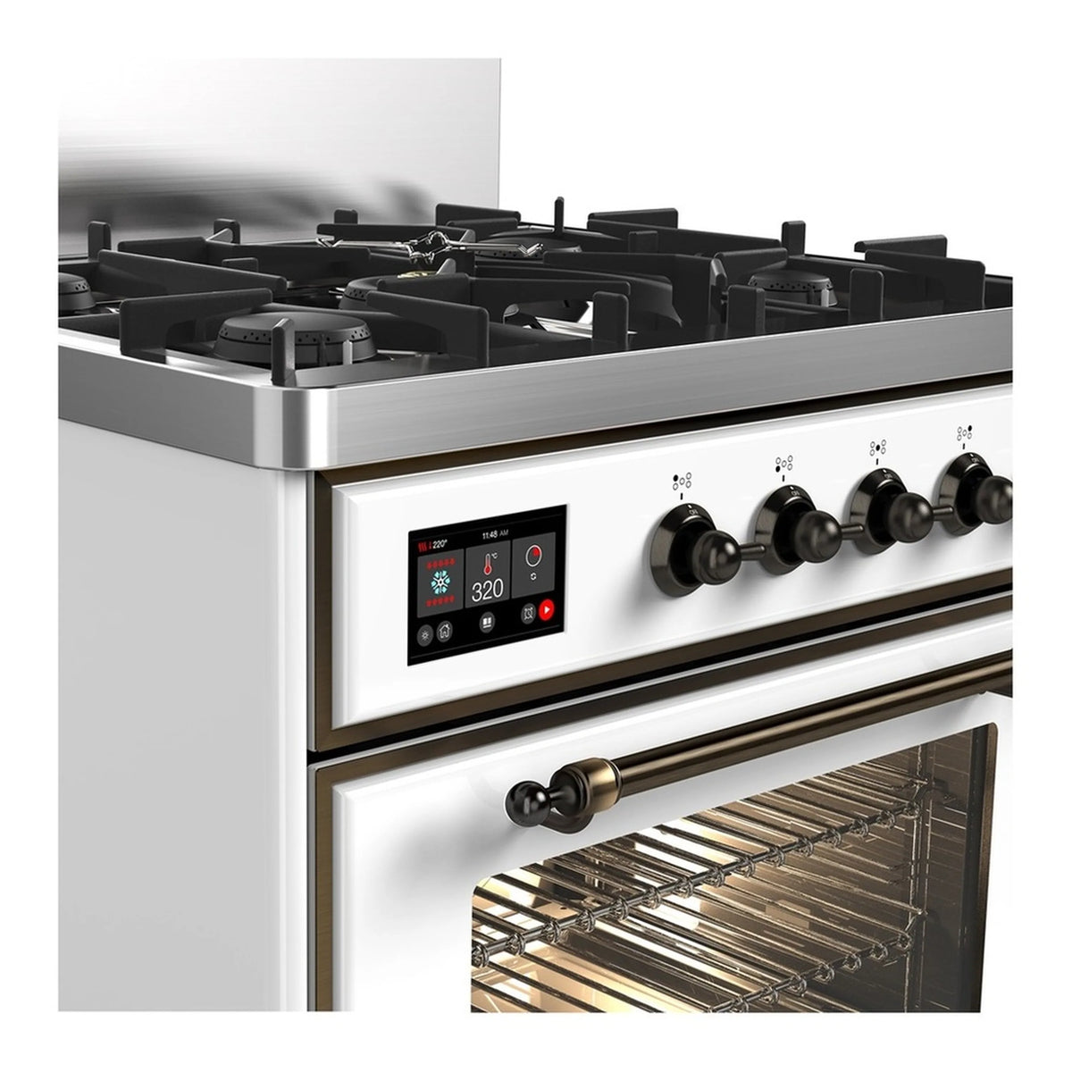 ILVE 30-inch dual fuel range controls and oven window, white with brass trim