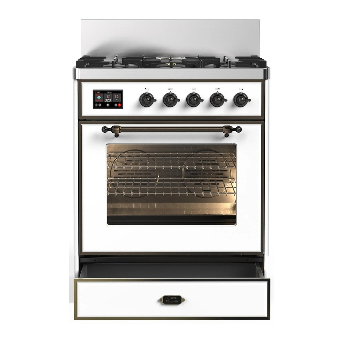ILVE 30-inch dual fuel range with white front, 5 gas burner knobs and oven door