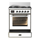 ILVE Majestic III 30-inch Dual Fuel Range with 5 Liquid Propane Burner and Triple Glass Door Electric Oven in White with Burnished Trim (UM30NR3WHBLP)