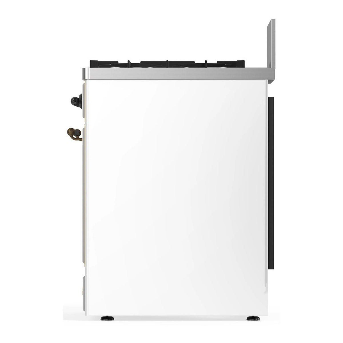 ILVE 30-inch dual fuel range side/back view, white panel with black top trim