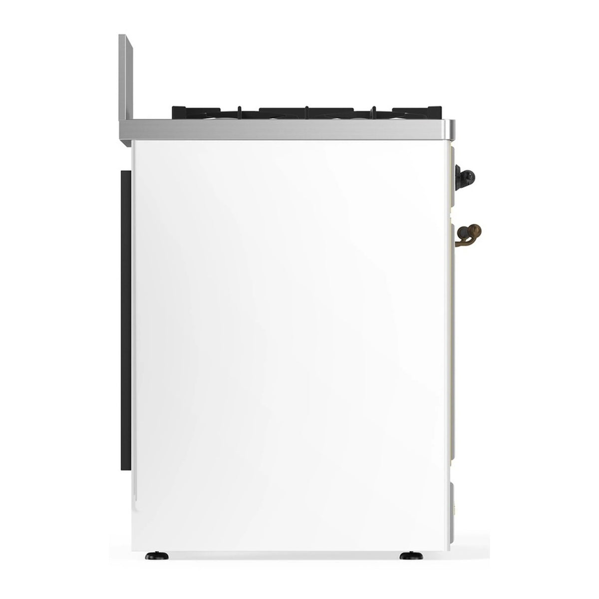 ILVE 30-inch dual fuel range rear view, white body with side openings and feet