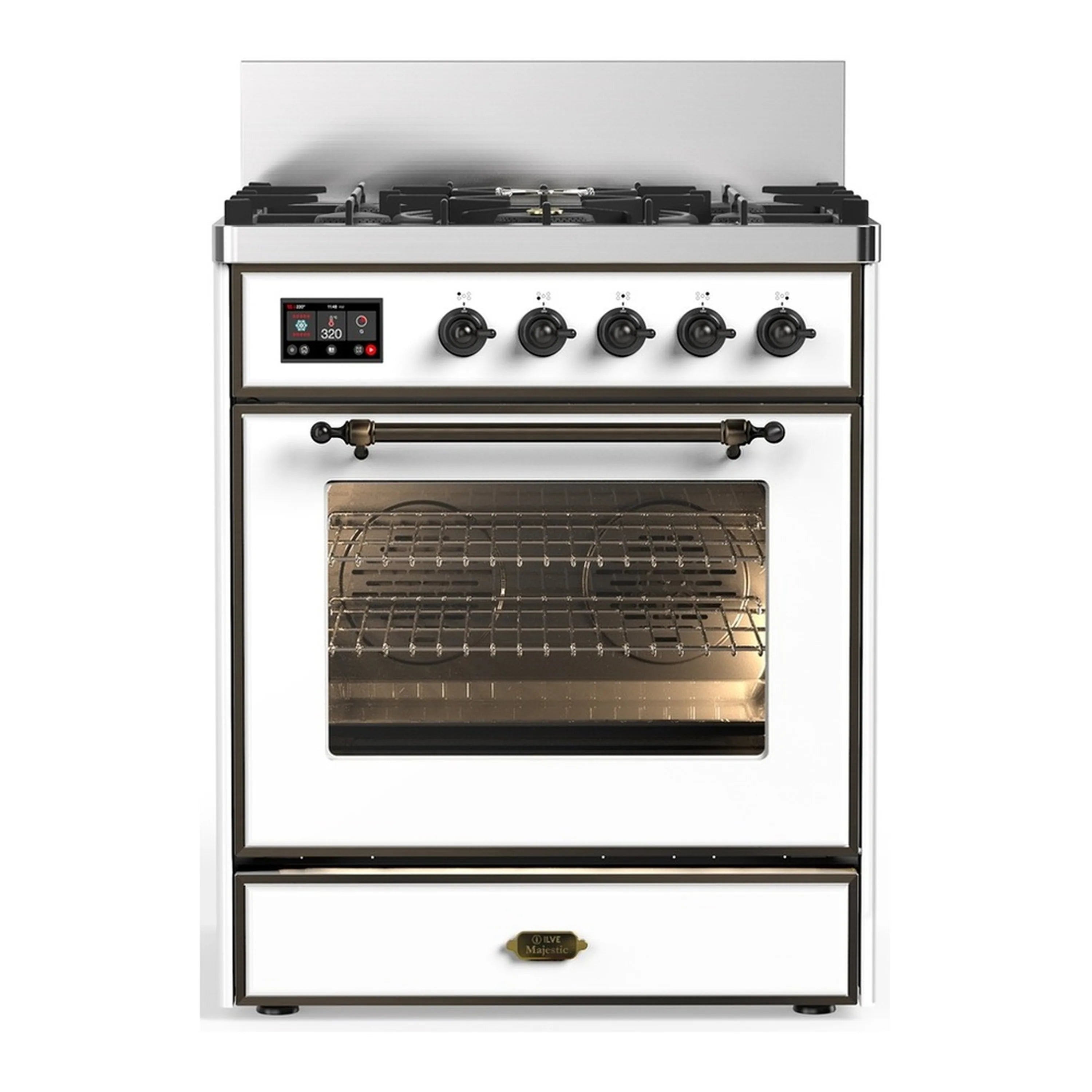 White dual fuel range with 5 black gas burners and control panel