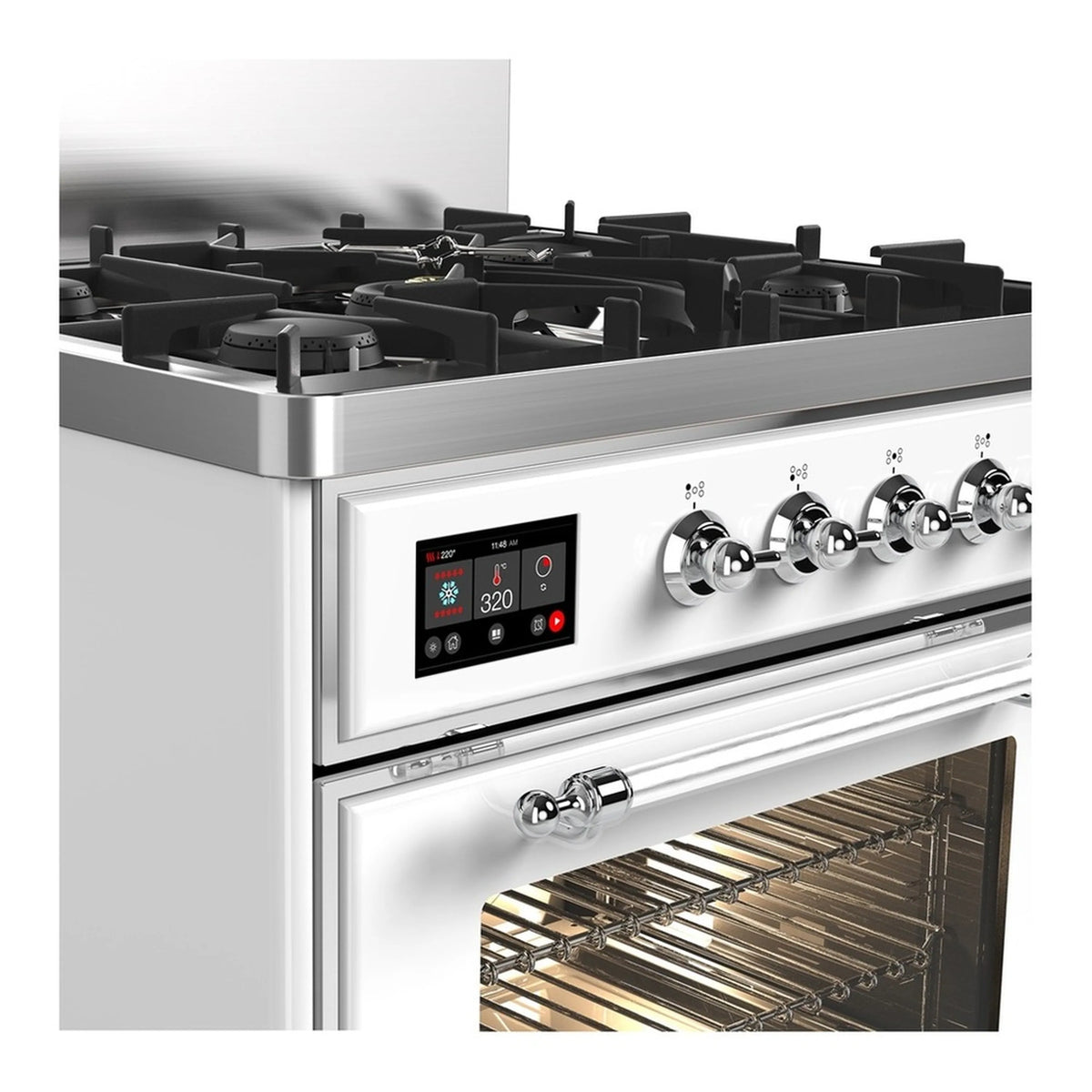 White dual fuel range with chrome control knobs and five burners above oven