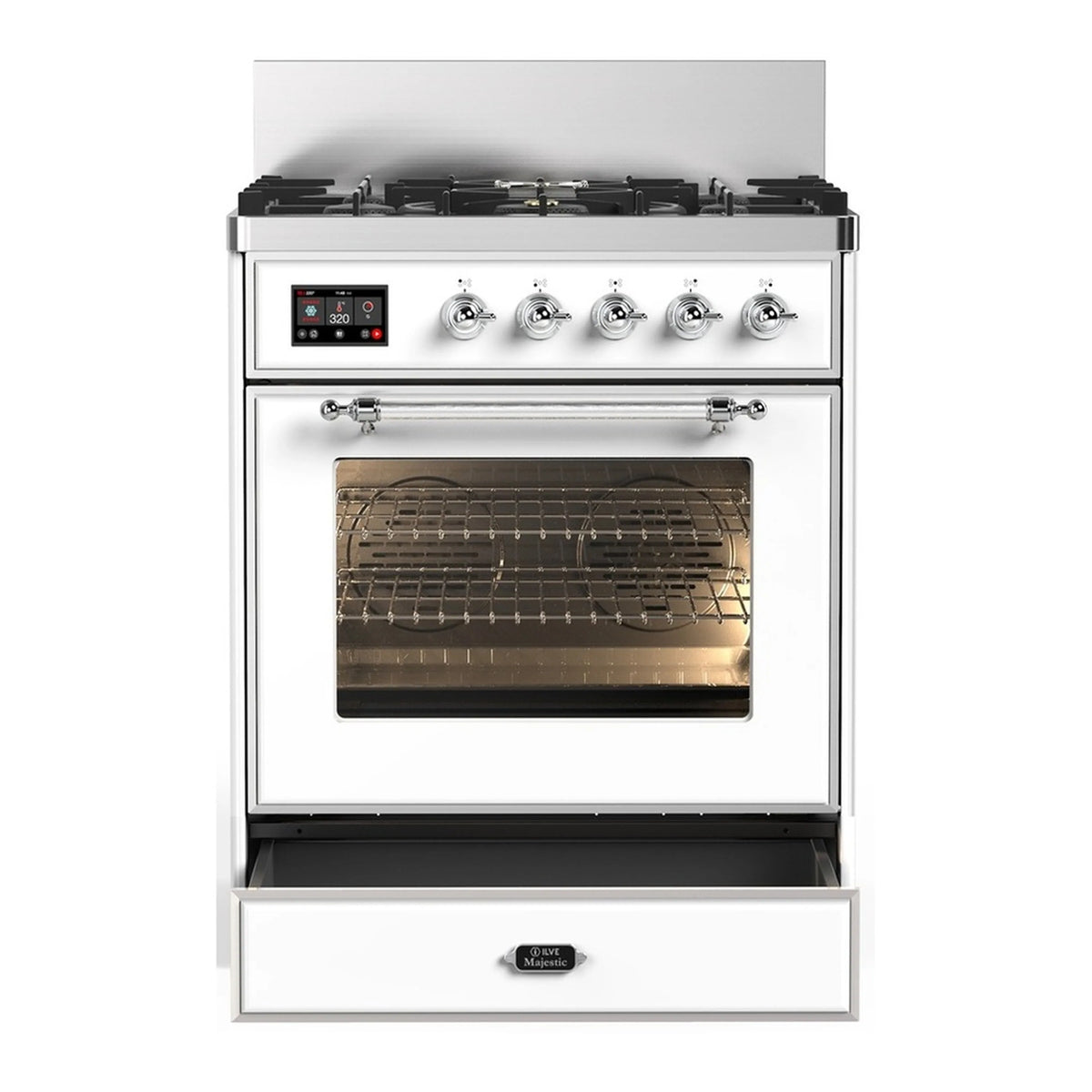 White dual fuel range with triple-glass oven door, chrome knobs, and five burners