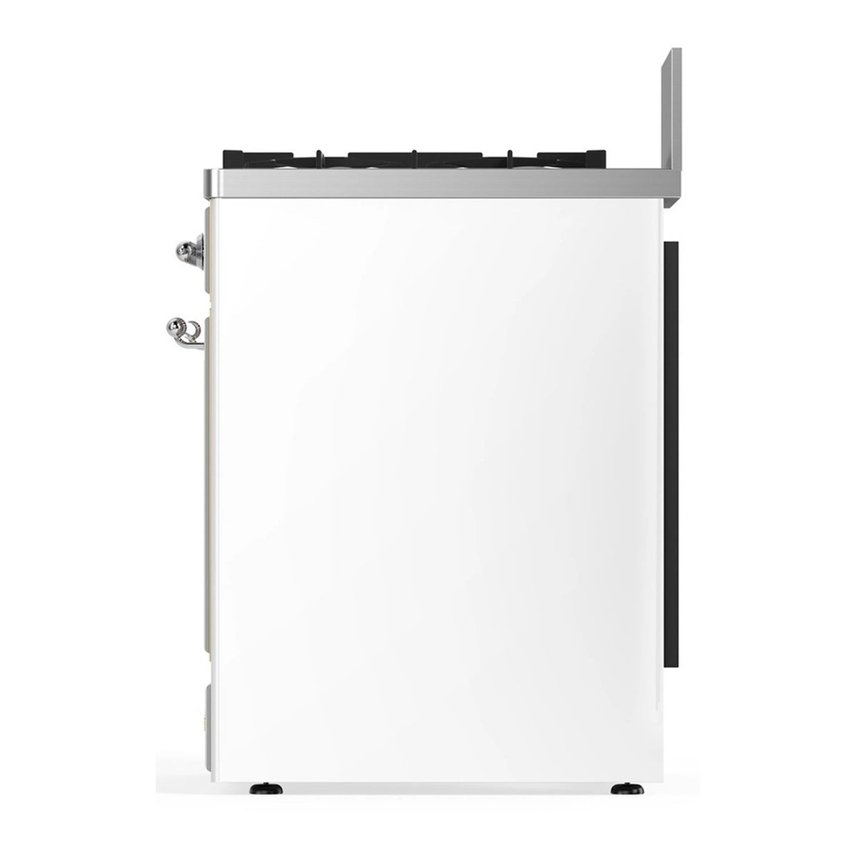 White dual fuel range side panel with chrome handle, top vent, and rear cover