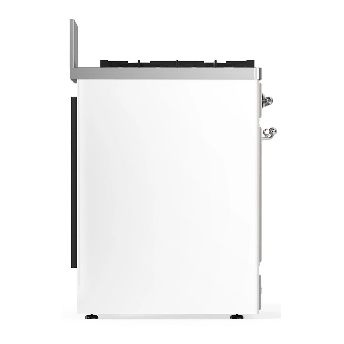 White dual fuel range rear view with leveling feet and side connection fittings
