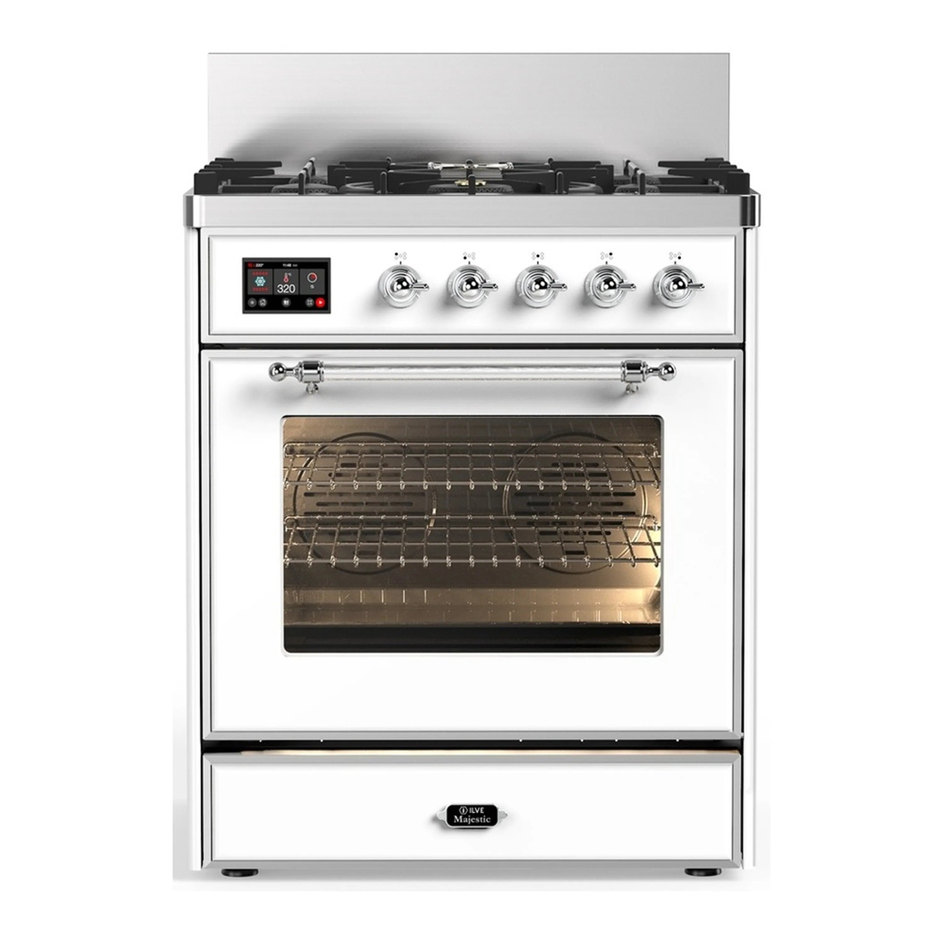 White dual fuel range with open triple-glass oven door and five burners
