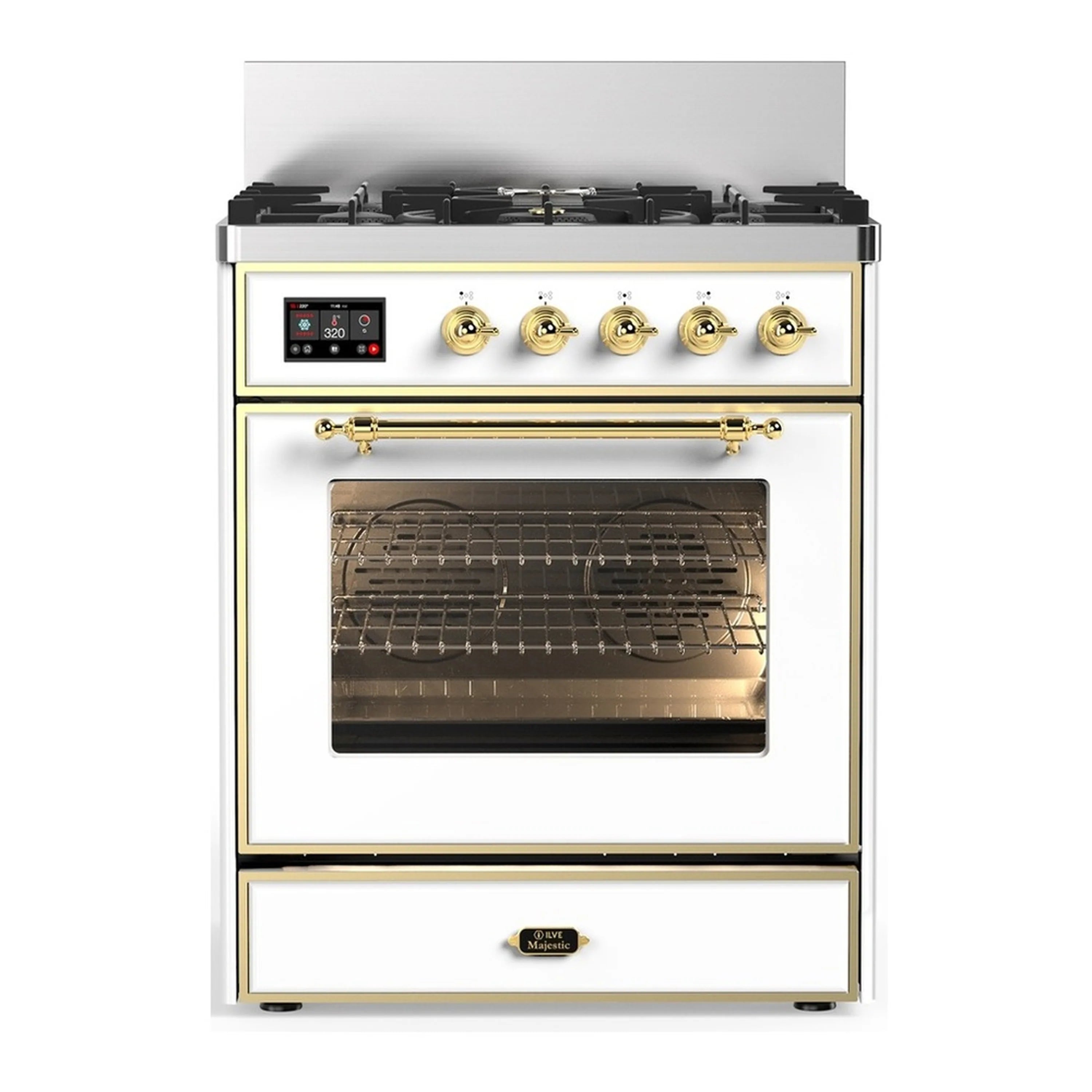 ILVE dual fuel range, white with brass trim, triple-glass electric oven door