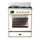 ILVE Majestic III 30-inch Dual Fuel Range with 5 Natural Gas Burner and Triple Glass Door Electric Oven in White with Brass Trim (UM30NR3WHG)