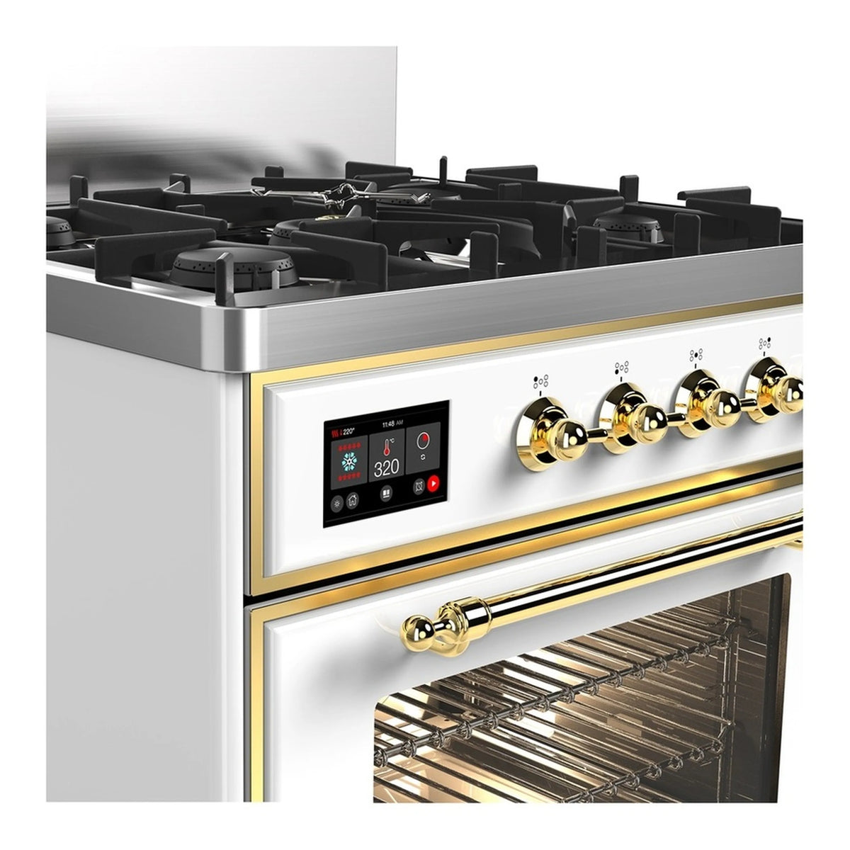 Dual fuel range control panel with brass knobs, digital display, and oven door window