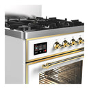 ILVE Majestic III 30-inch Dual Fuel Range with 5 Liquid Propane Burner and Triple Glass Door Electric Oven in White with Brass Trim (UM30NR3WHGLP)