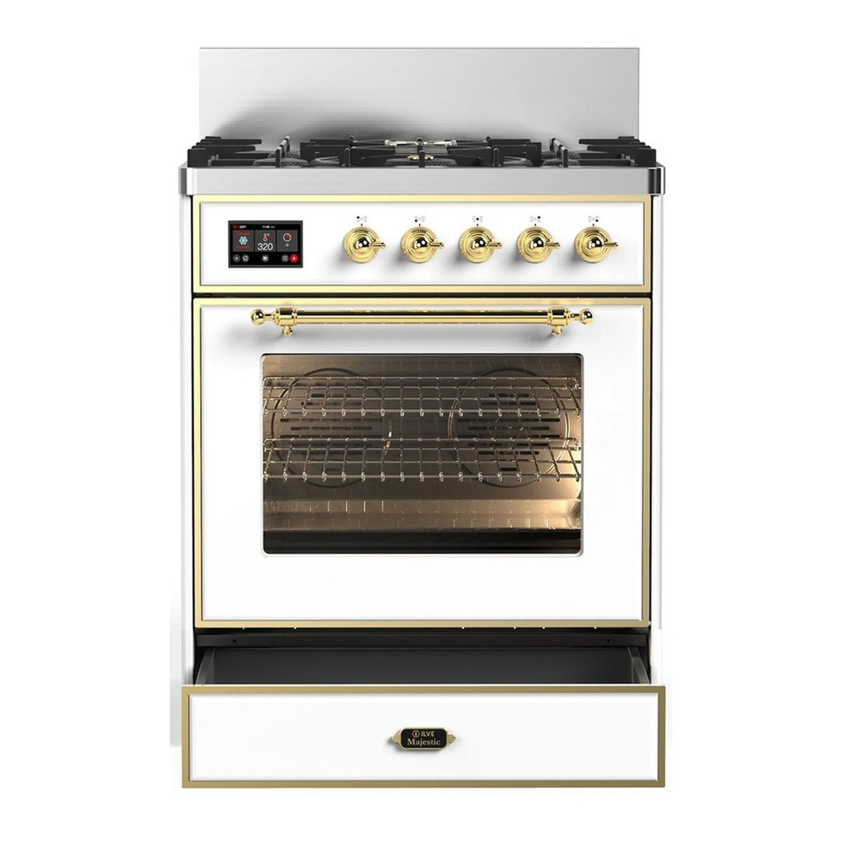 White dual fuel range with brass controls, open oven door, and visible oven racks