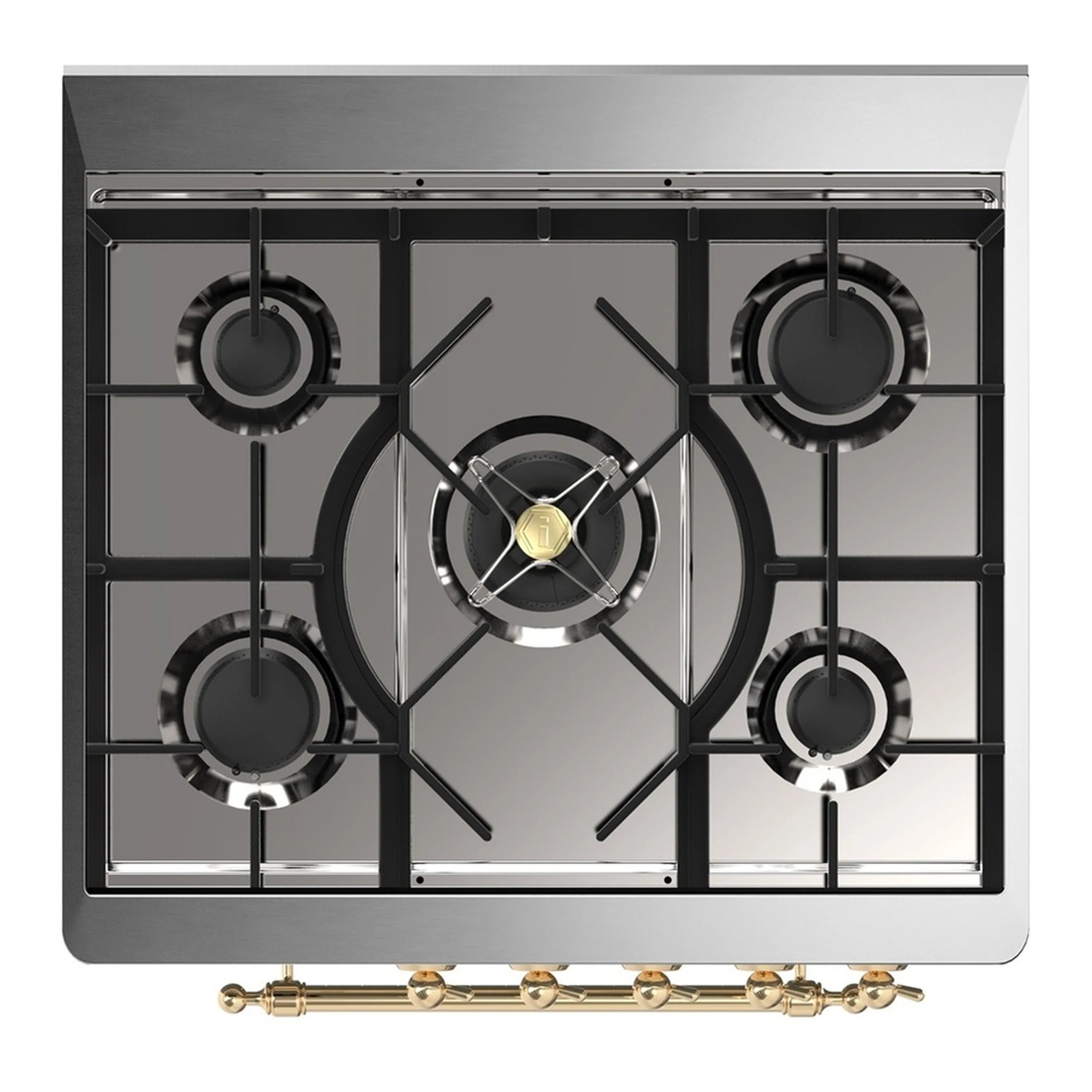 Dual fuel cooktop with five black burners and brass gas control knobs over frame