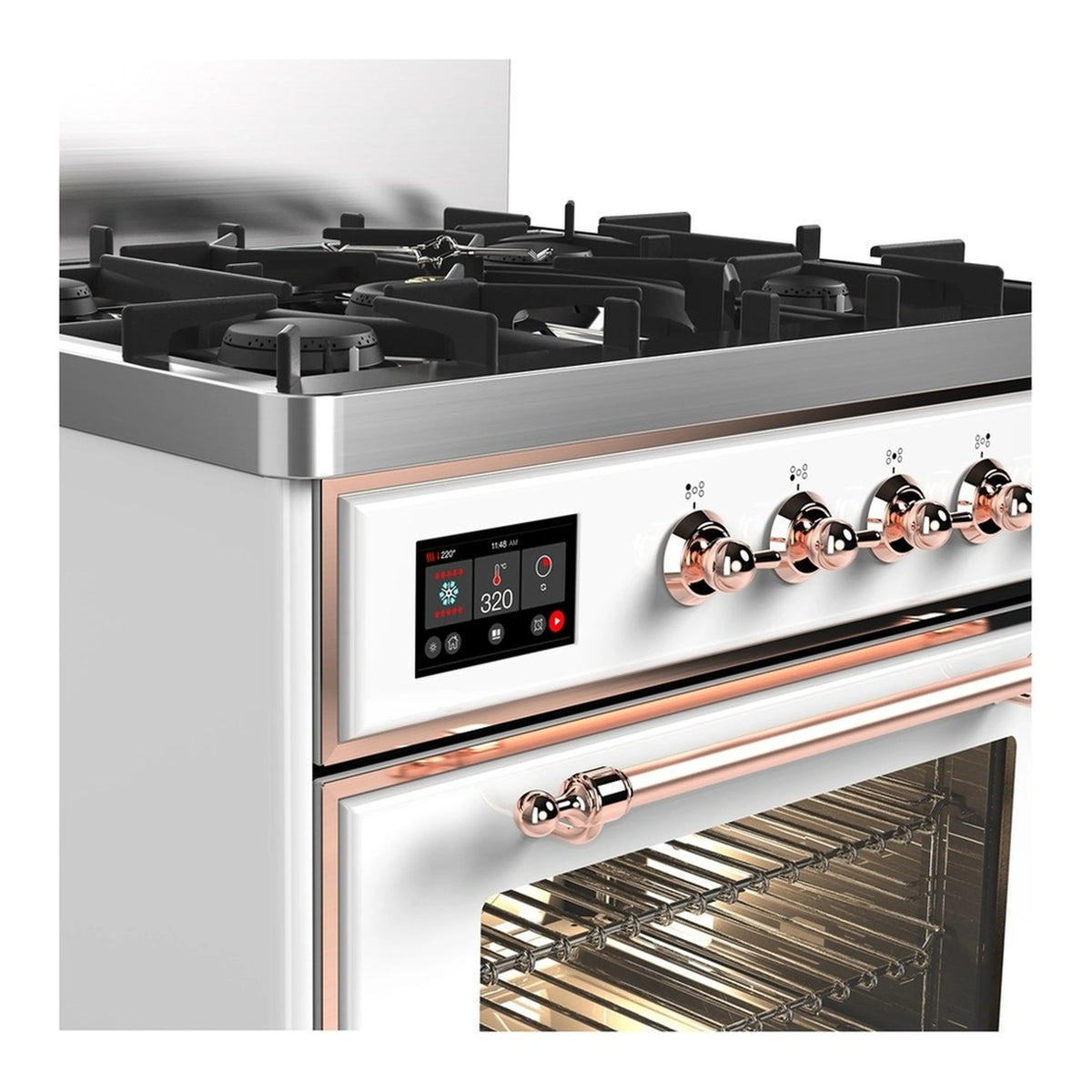 White dual fuel range control panel with copper trim knobs and open oven door