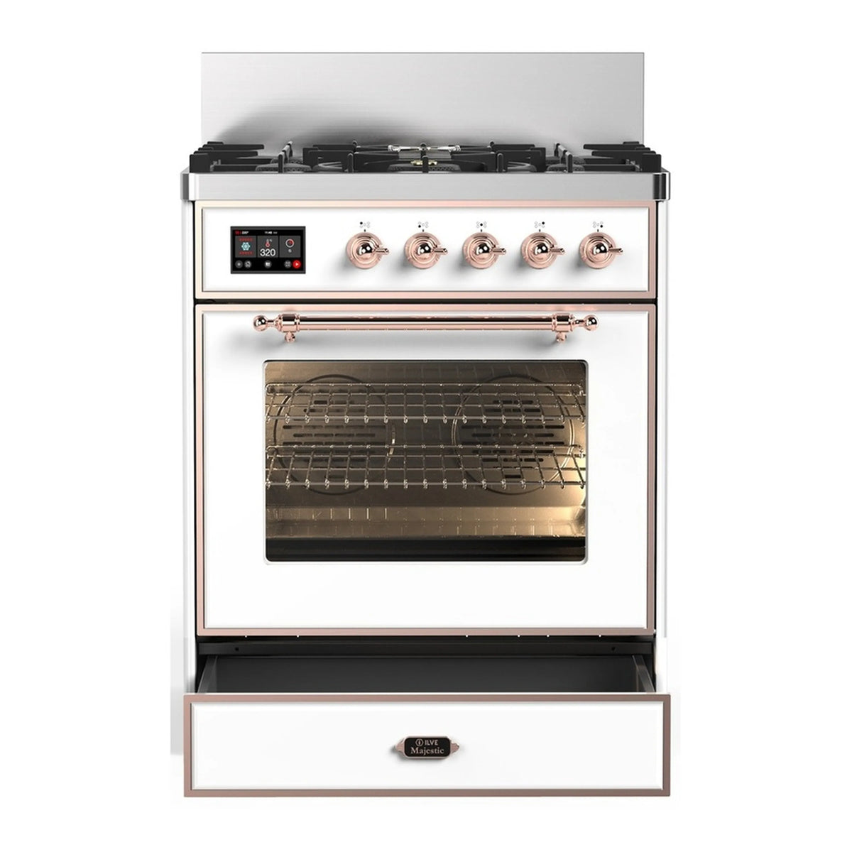White dual fuel range with 5-burner cooktop and copper-trimmed oven door