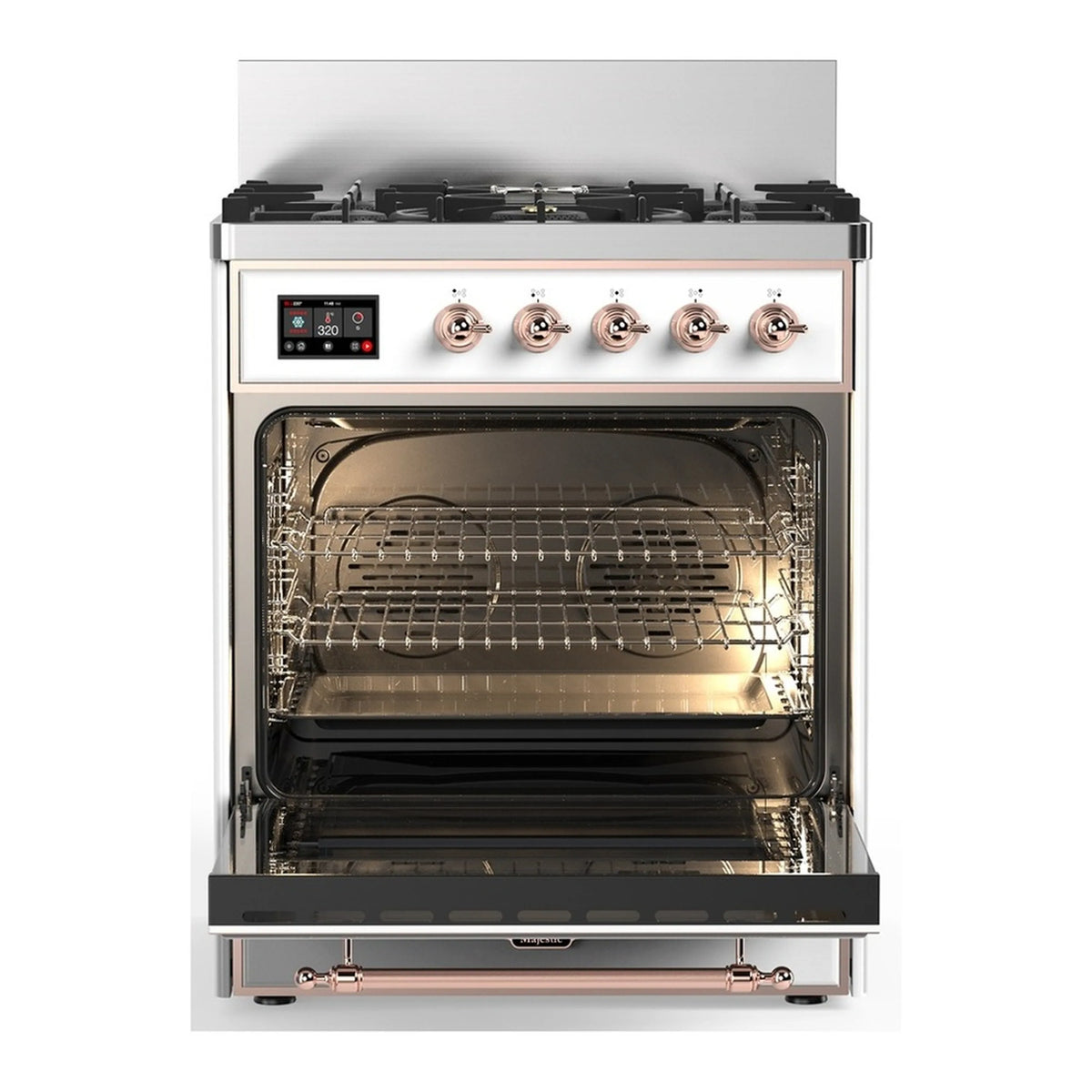 White electric oven cavity with racks and copper trim, plus 5-burner cooktop