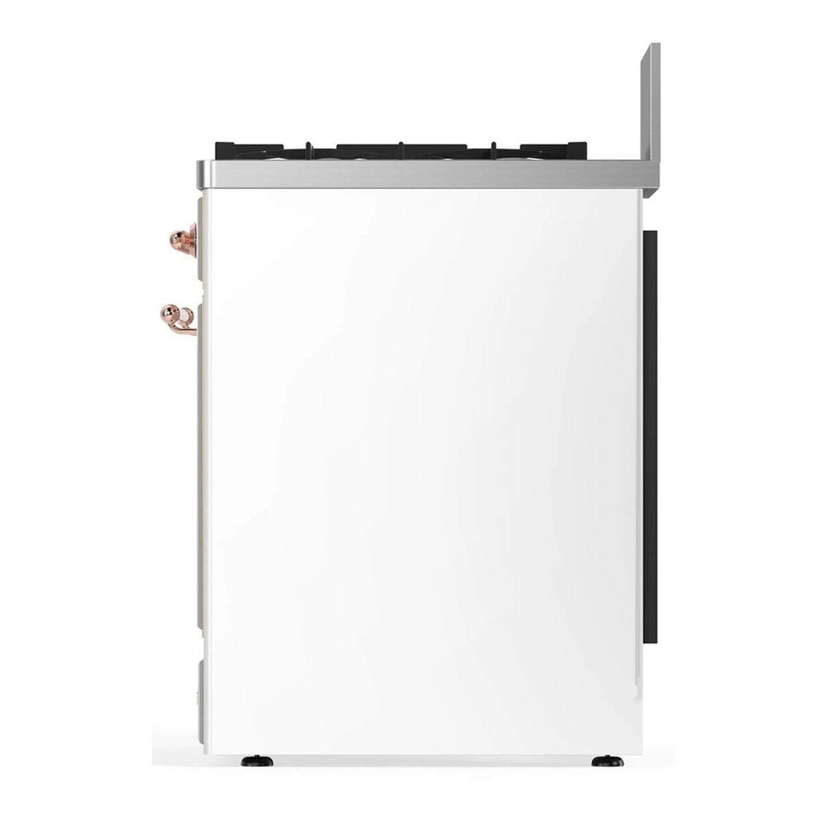 ILVE white range back panel with side access opening and copper fittings