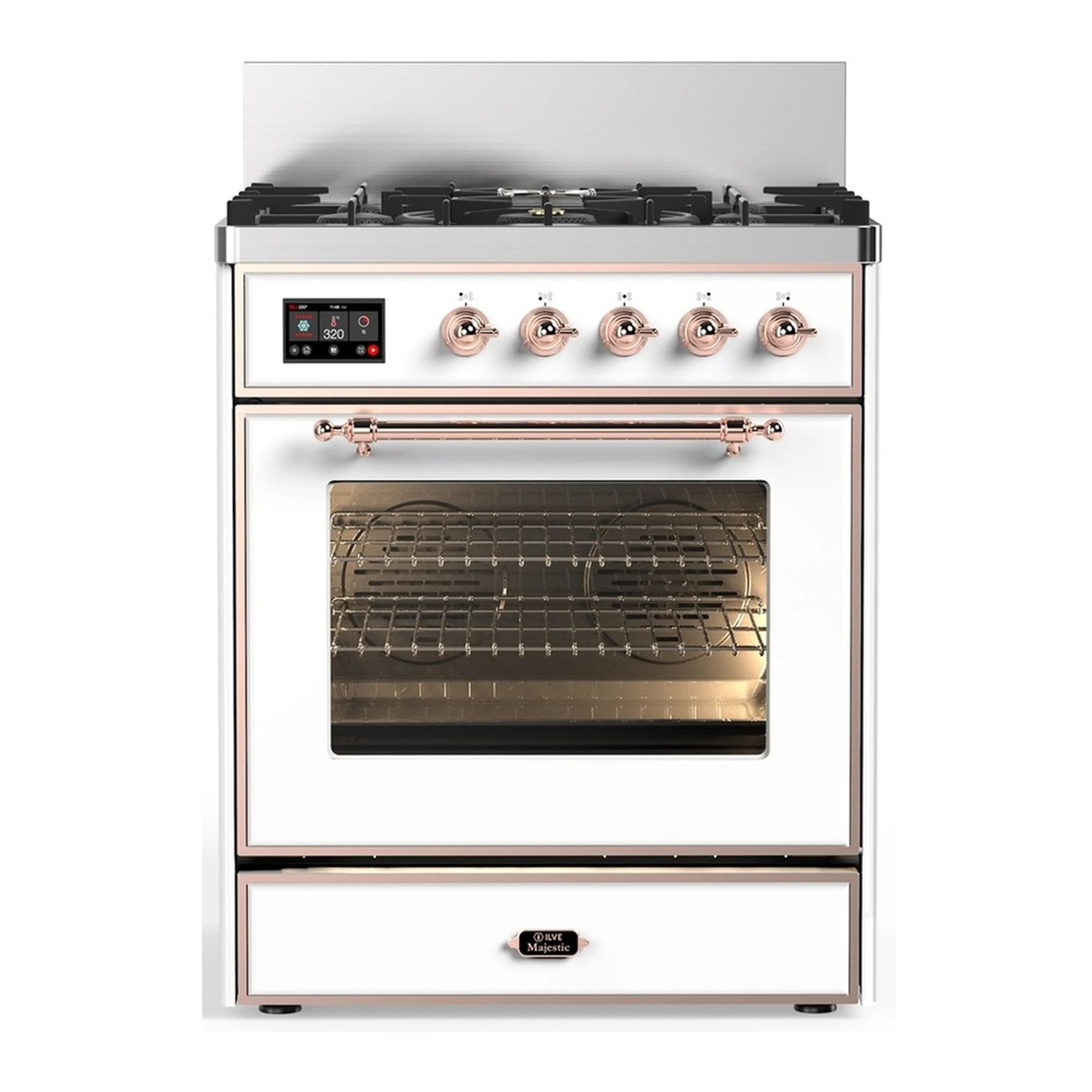 ILVE white dual fuel range with copper trim, five black burners, and electric oven door