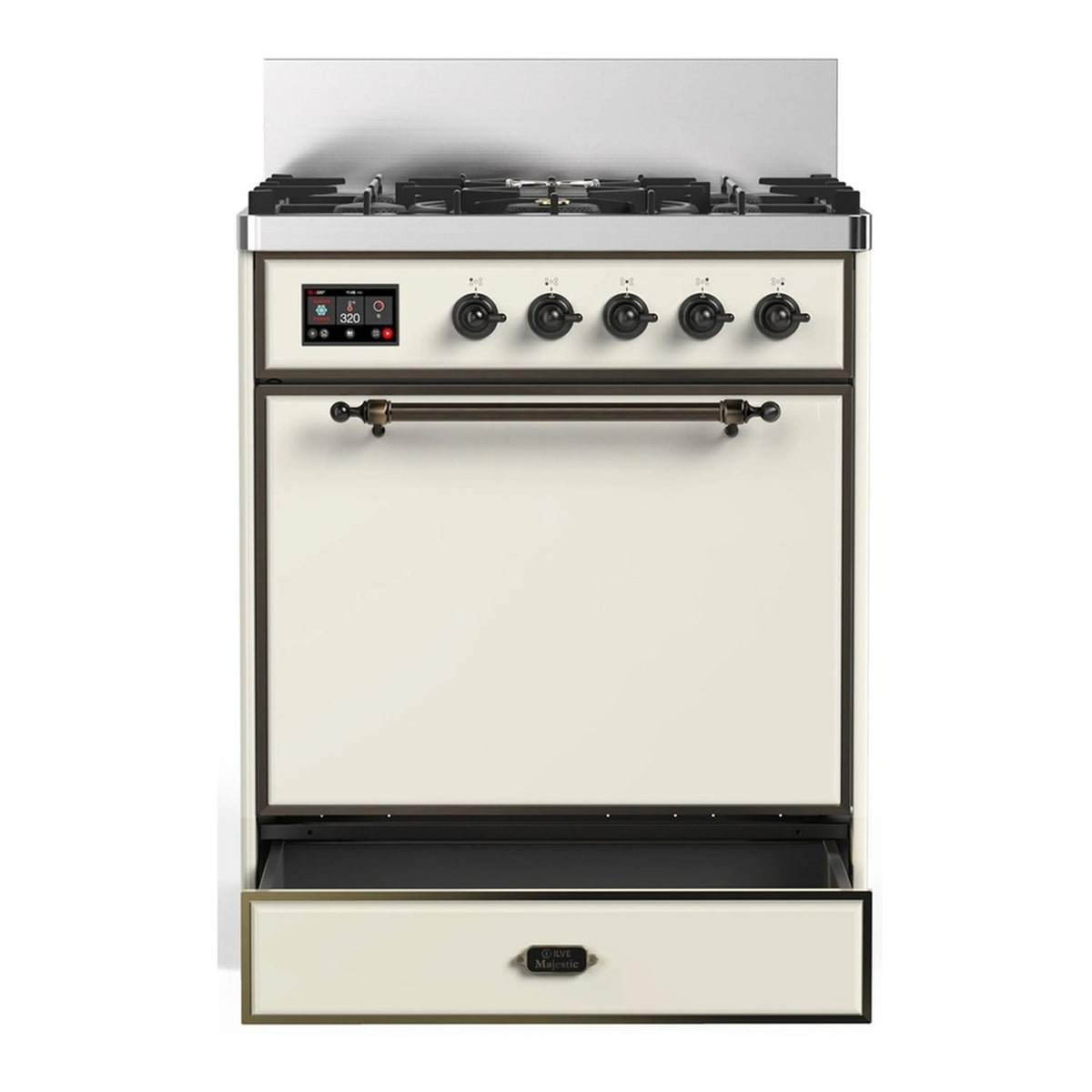 Antique white dual fuel range with five gas burners and closed oven door