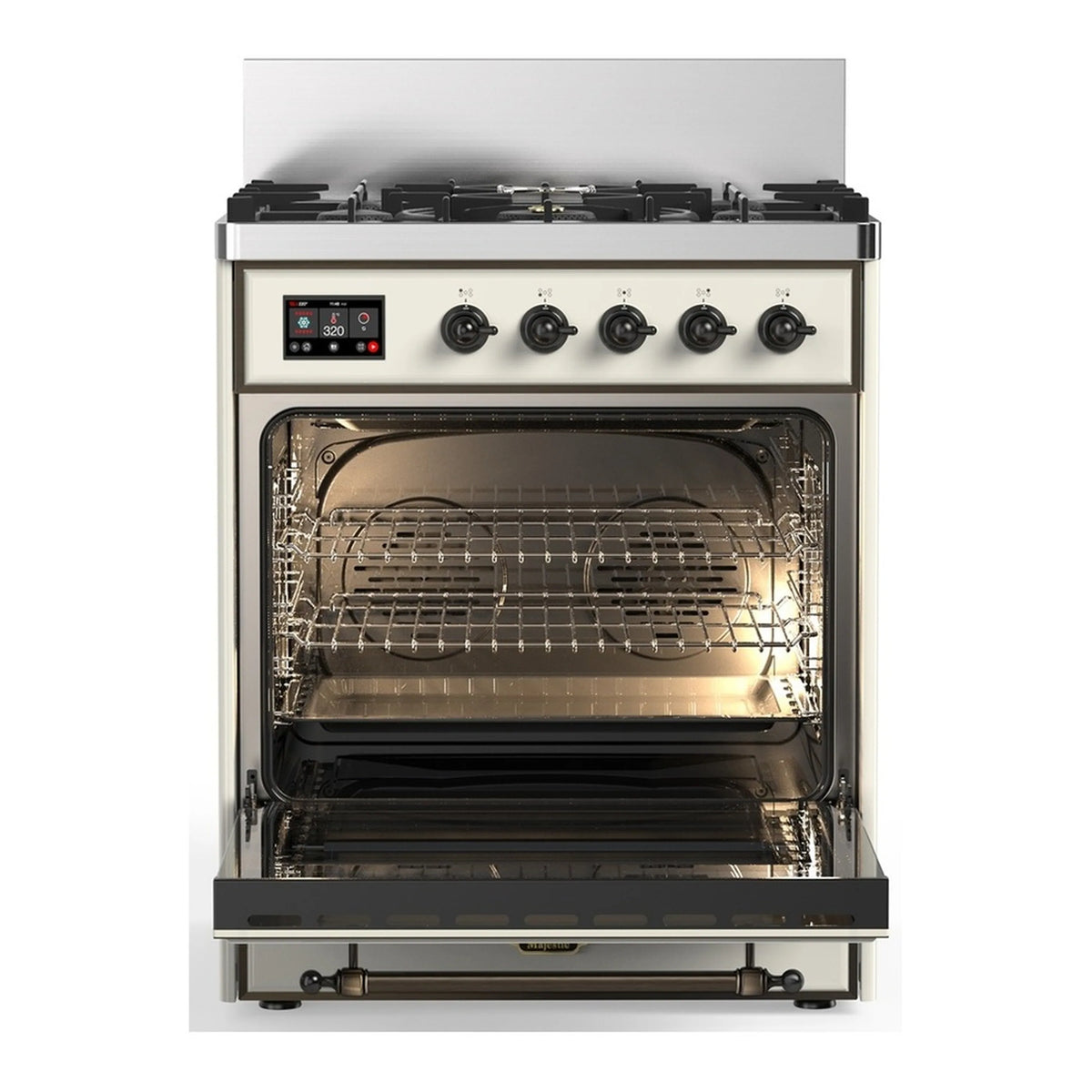 Antique white dual fuel range with open oven and wire rack inside
