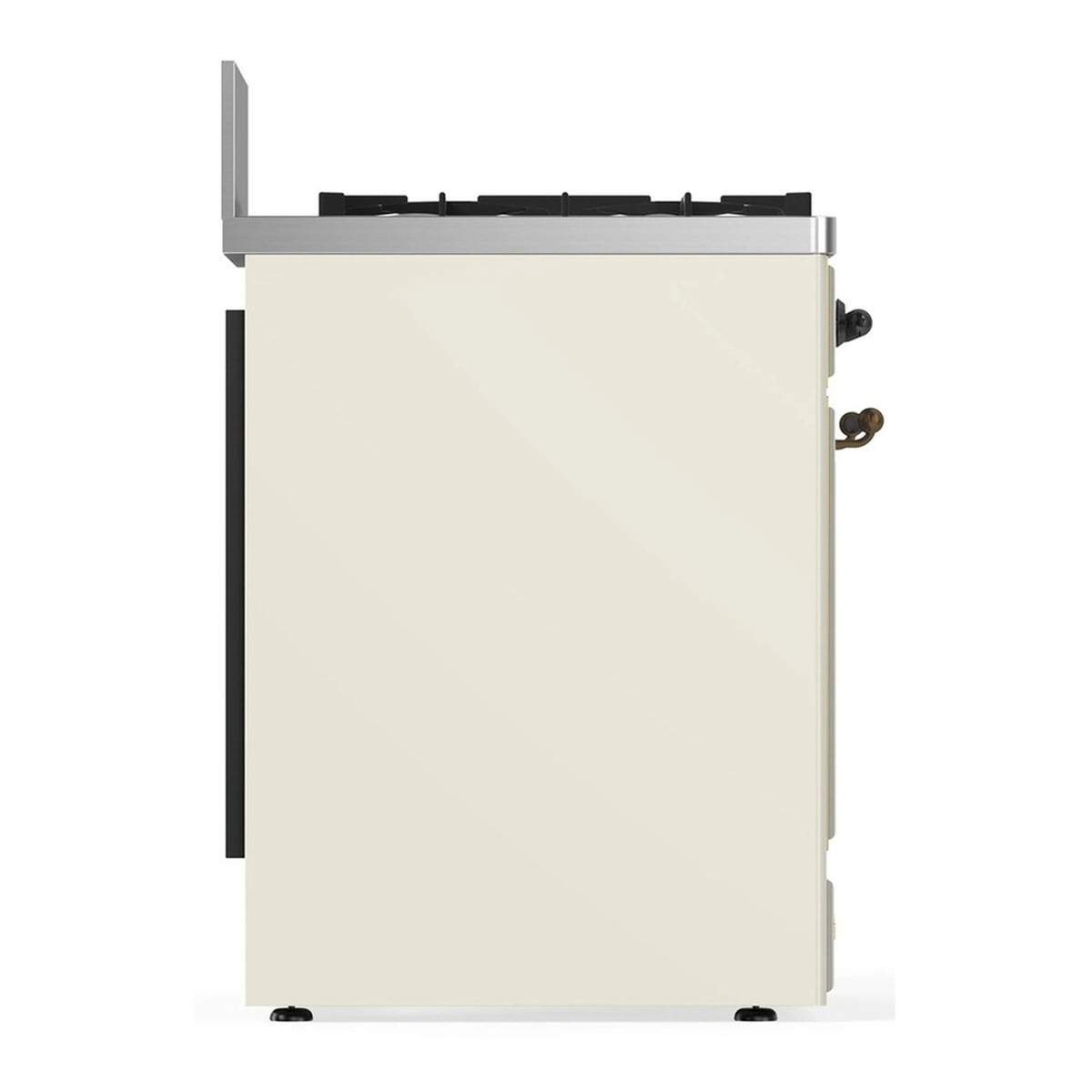Antique white range rear side view with vent panel and trim edge