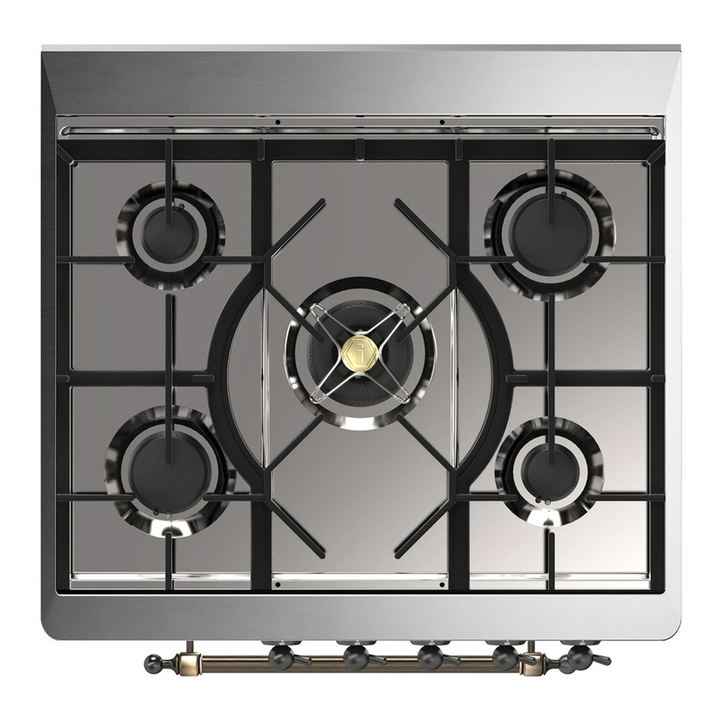 Antique white gas cooktop with four black burner grates and center cap