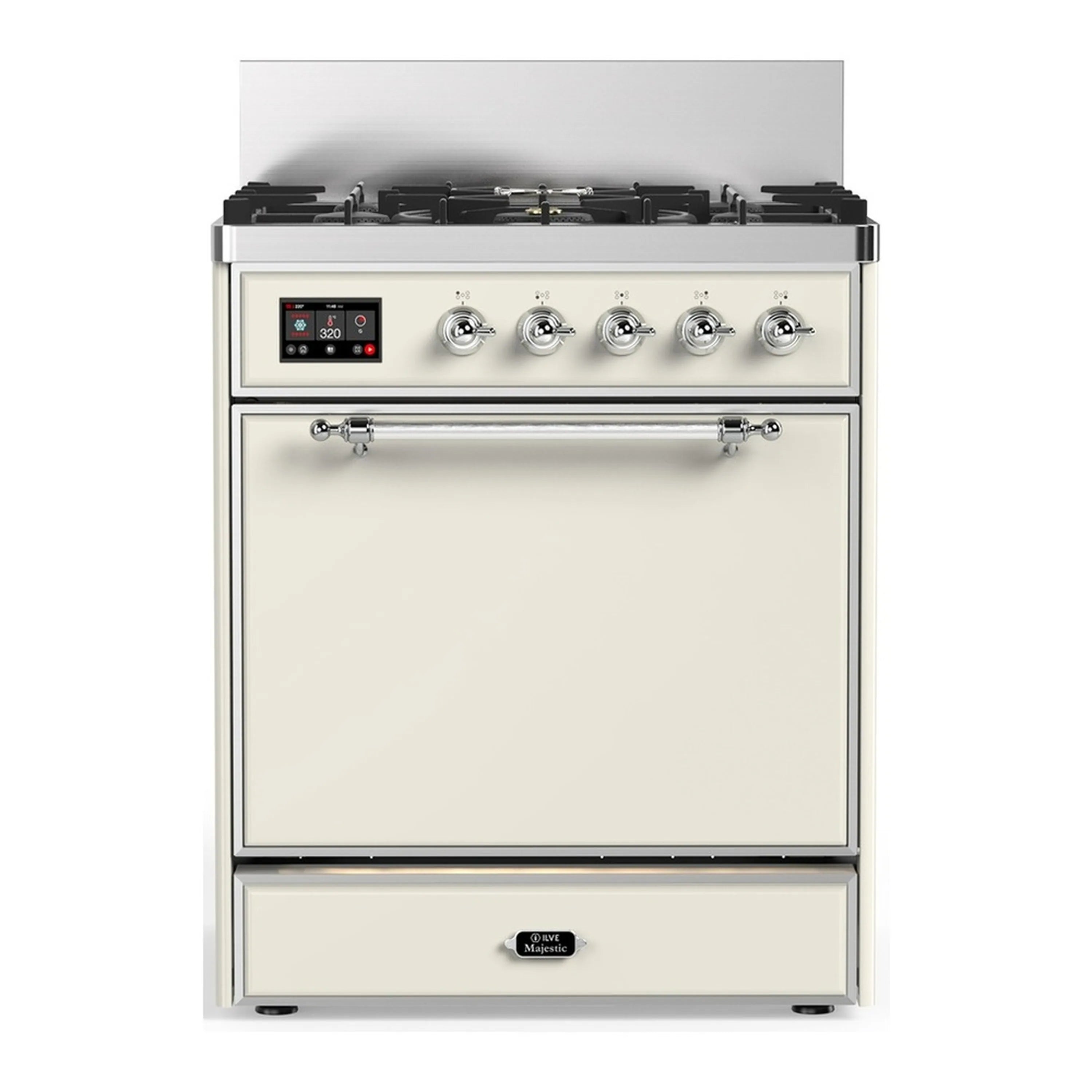 Antique white dual fuel range with chrome trim, five burners, and solid oven door