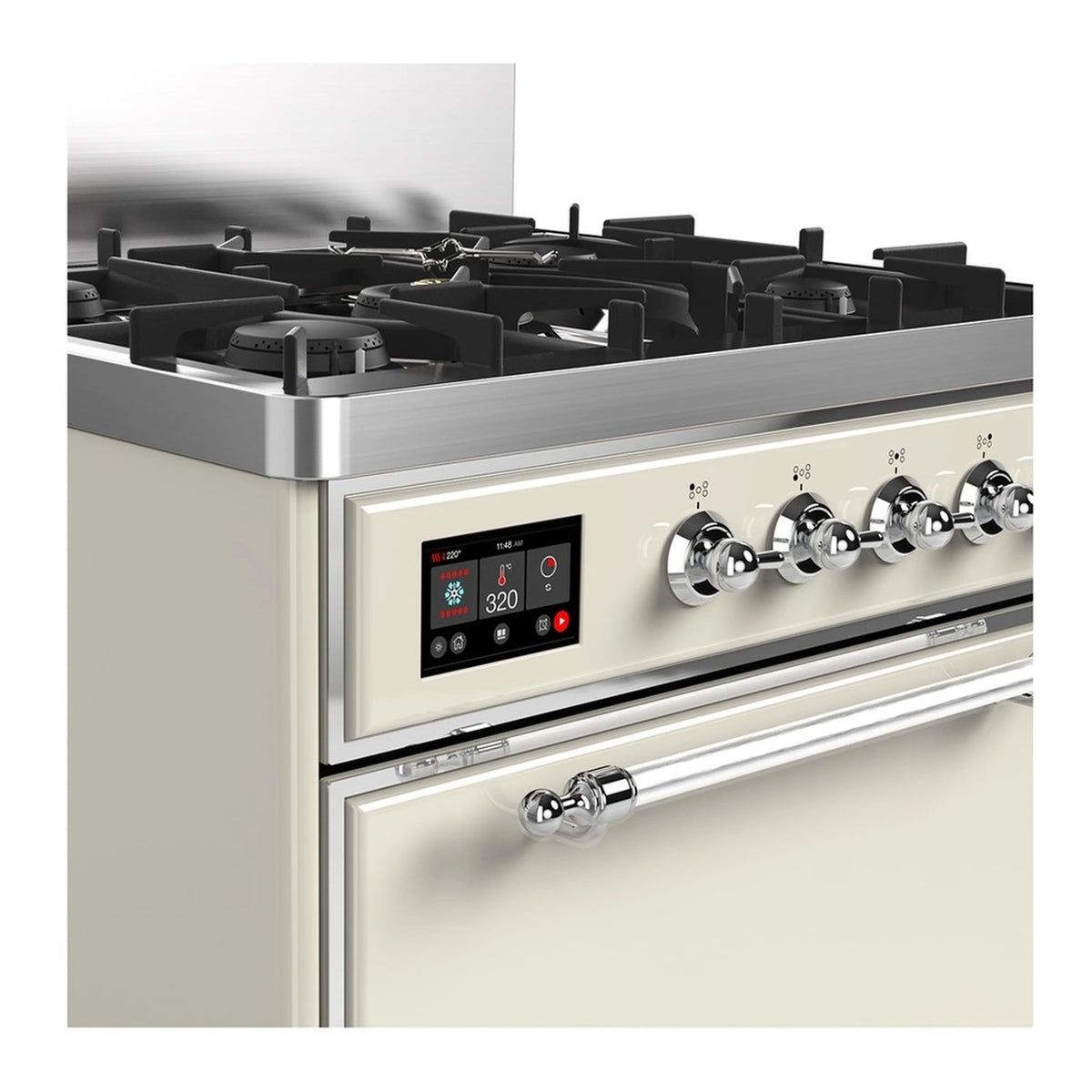 Antique white dual fuel range cooktop with five black grates, chrome knobs, and display
