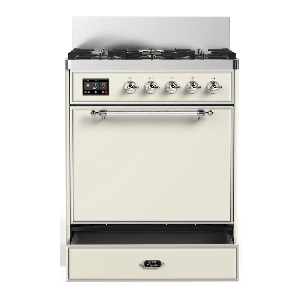 Antique white dual fuel range front view with chrome knobs, five gas burners, and broiler drawer