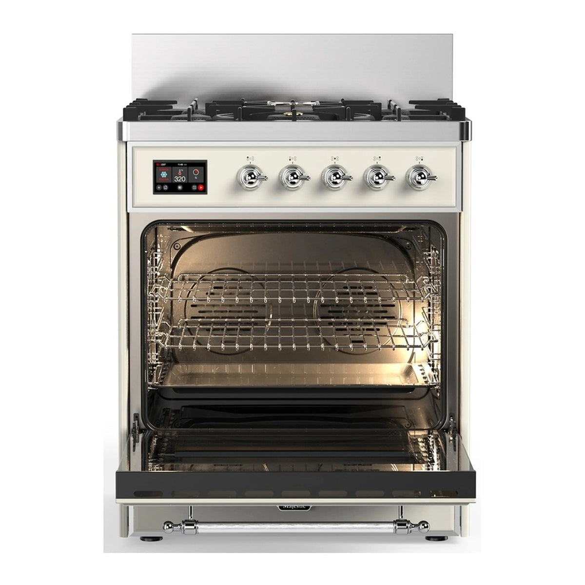 ILVE dual fuel range with open oven cavity and wire racks in antique white
